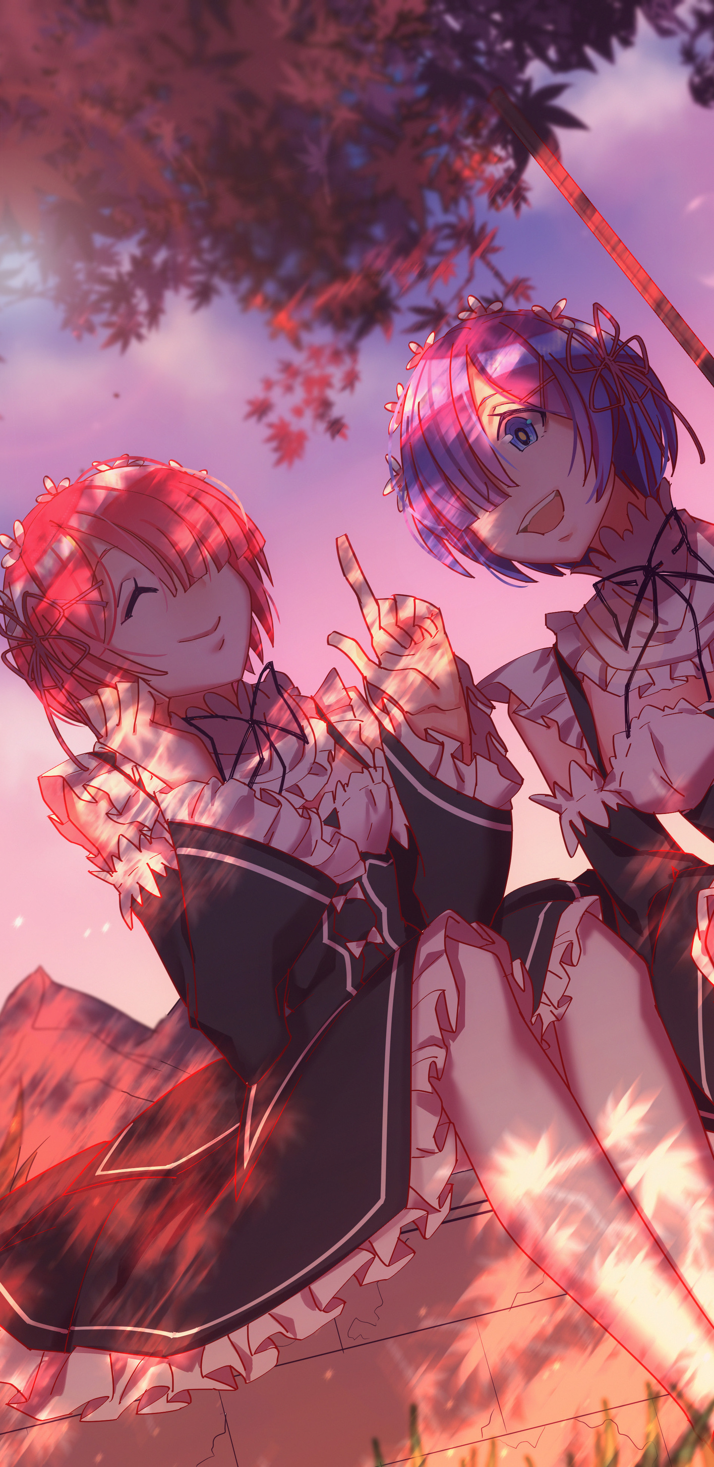 Rem Re:Zero, Ram Re:Zero, Maid outfit ruffles, Dappled autumn sunlight, HD Phone wallpaper
