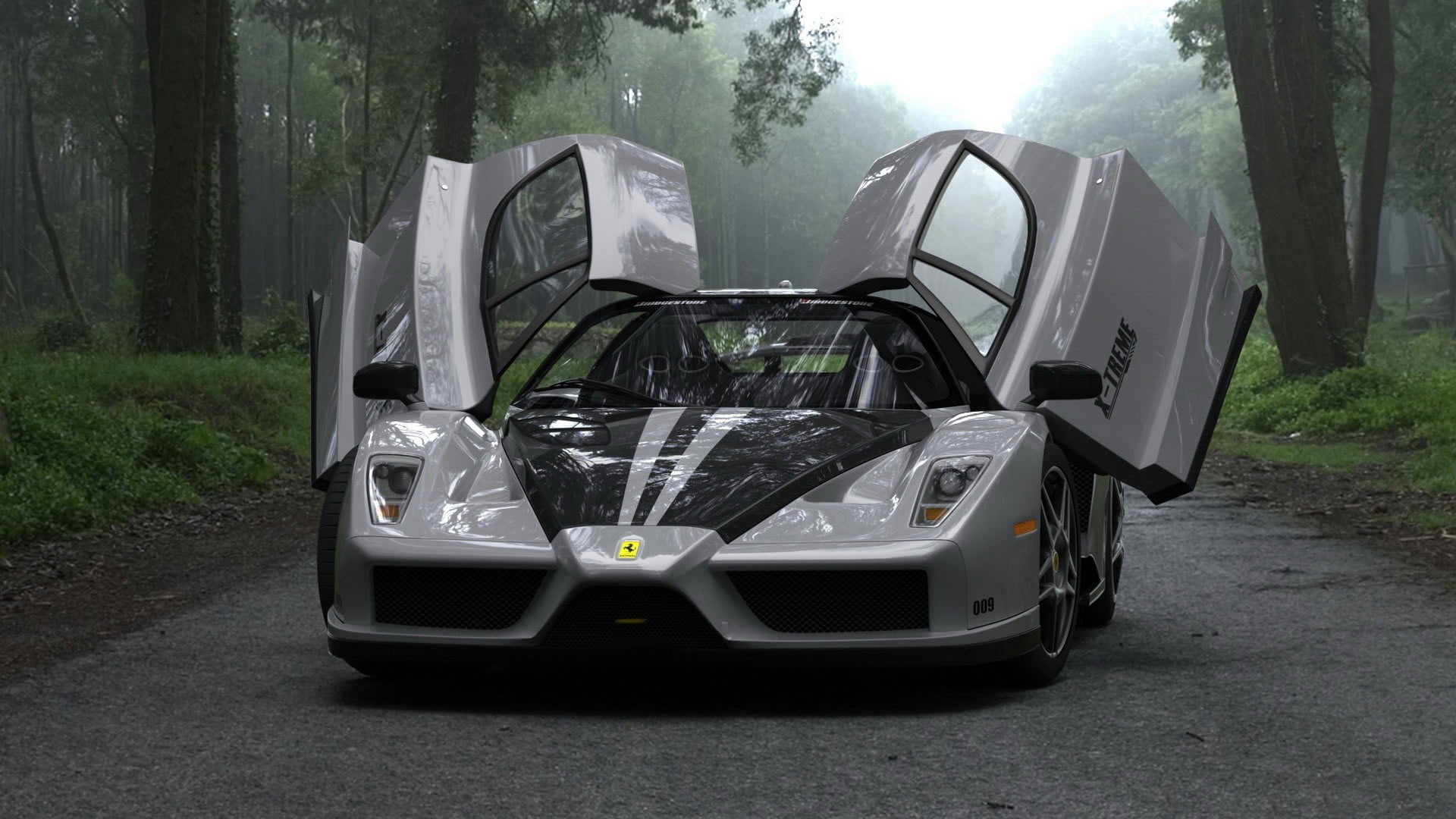 Ferrari Enzo, open butterfly doors, misty forest road, Full HD Desktop wallpaper