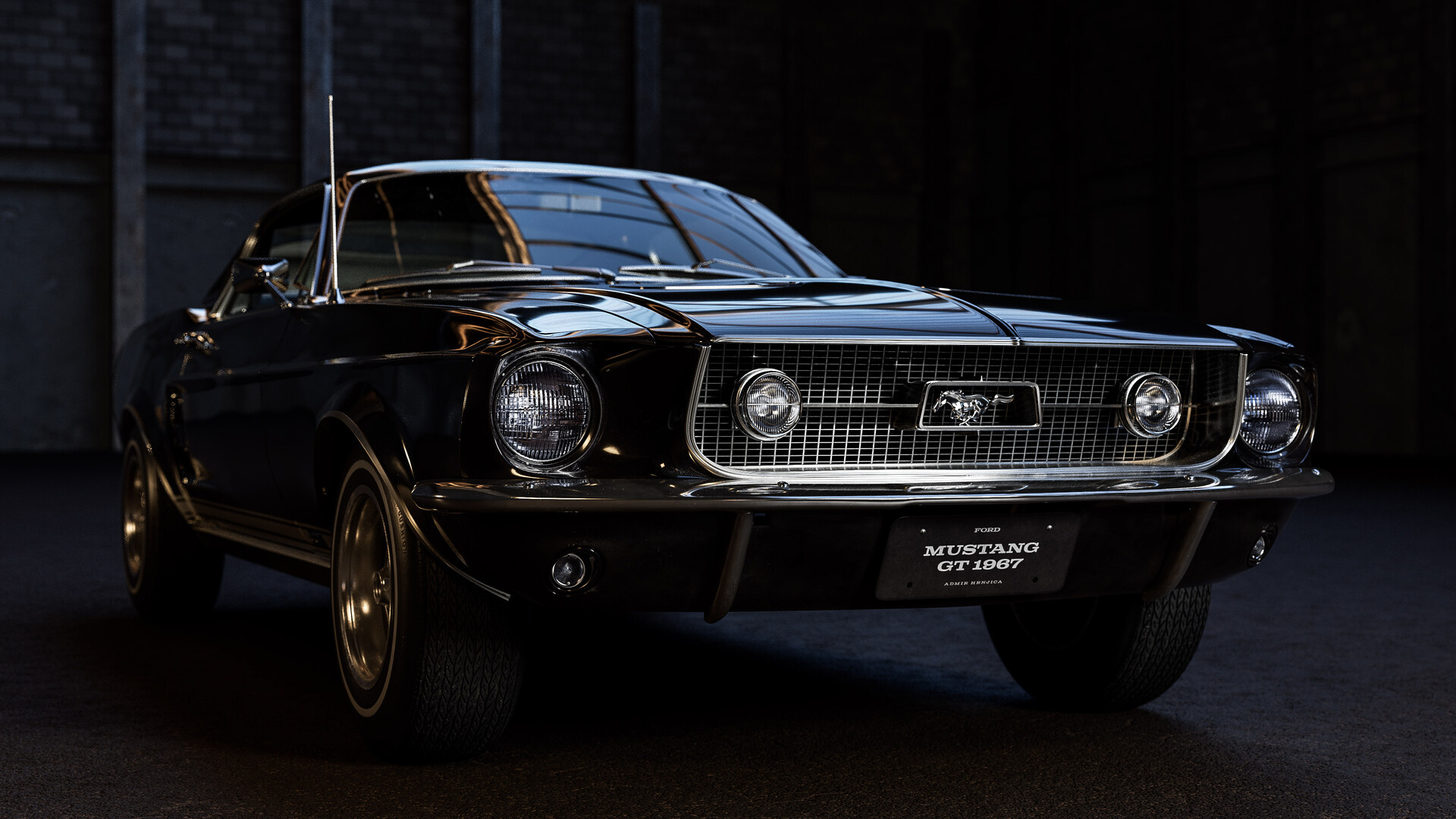 1967 Ford Mustang GT, Mustang pony grille emblem, Dark industrial studio setting, Full HD Desktop wallpaper