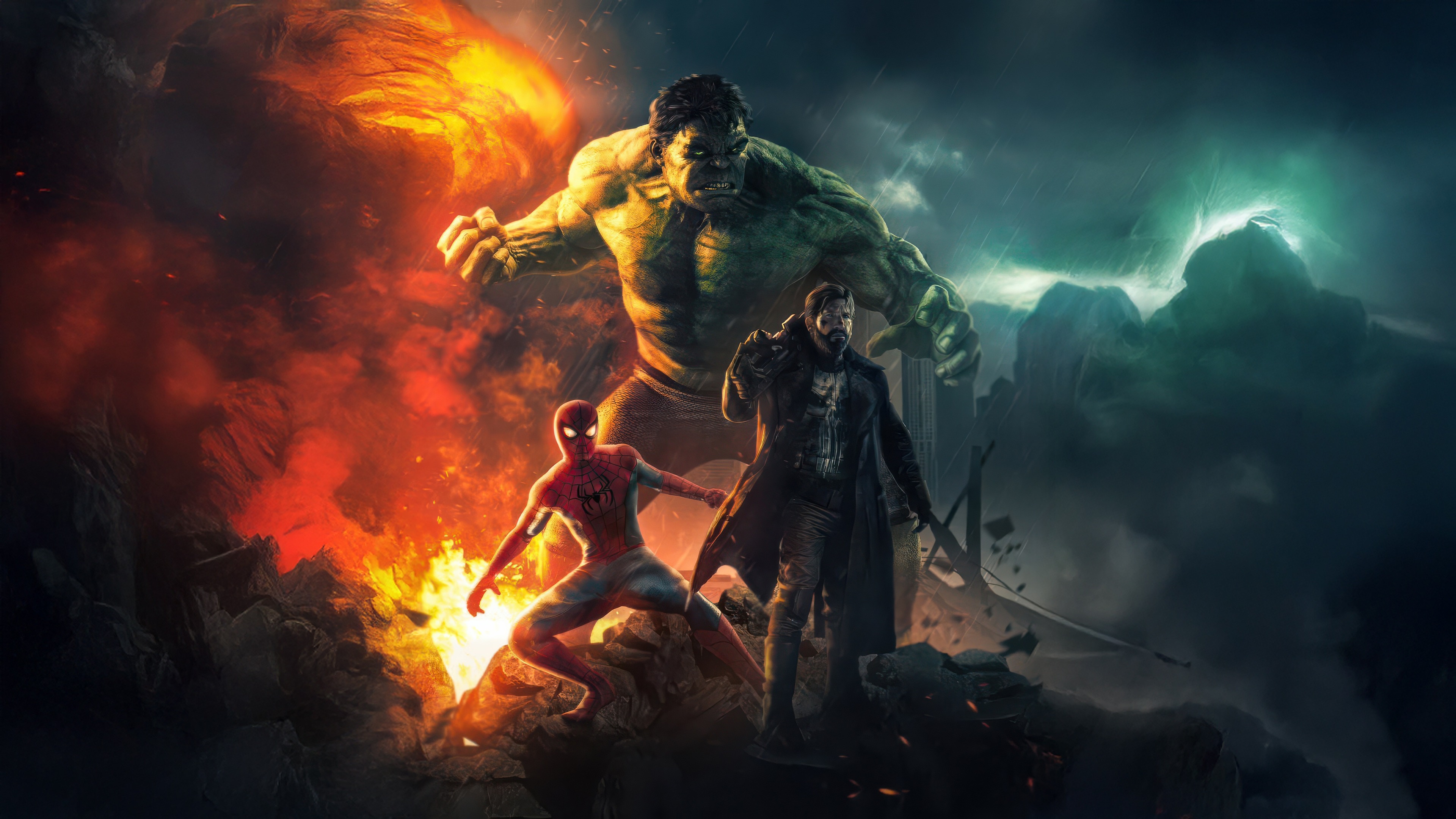 Brand New Day, The Punisher, Hulk, Spider-Man, Smoking rocky rubble, 4K Desktop wallpaper