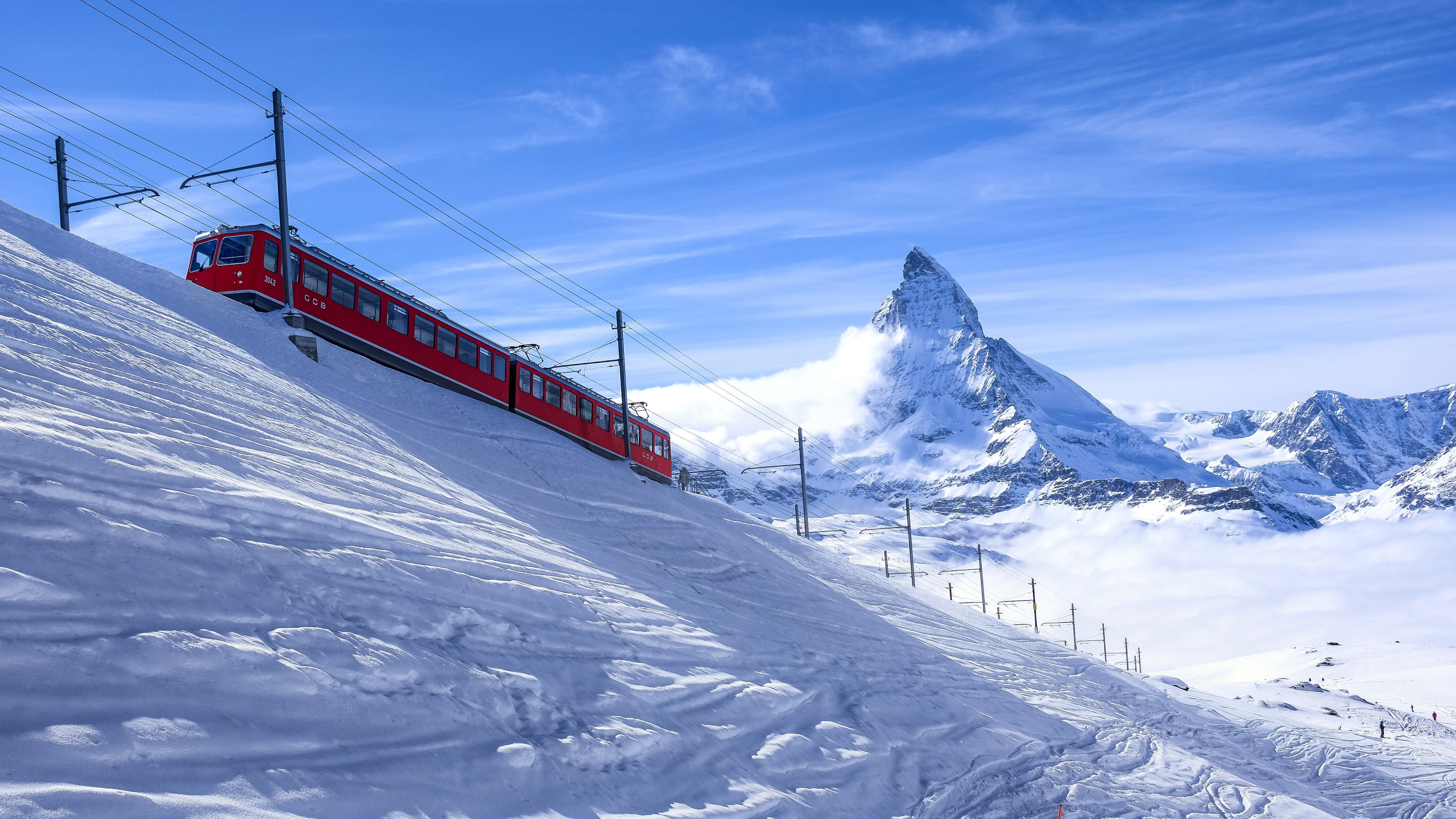 Gornergrat Bahn train, Matterhorn mountain, Snow-covered Swiss Alps, 4K Desktop wallpaper
