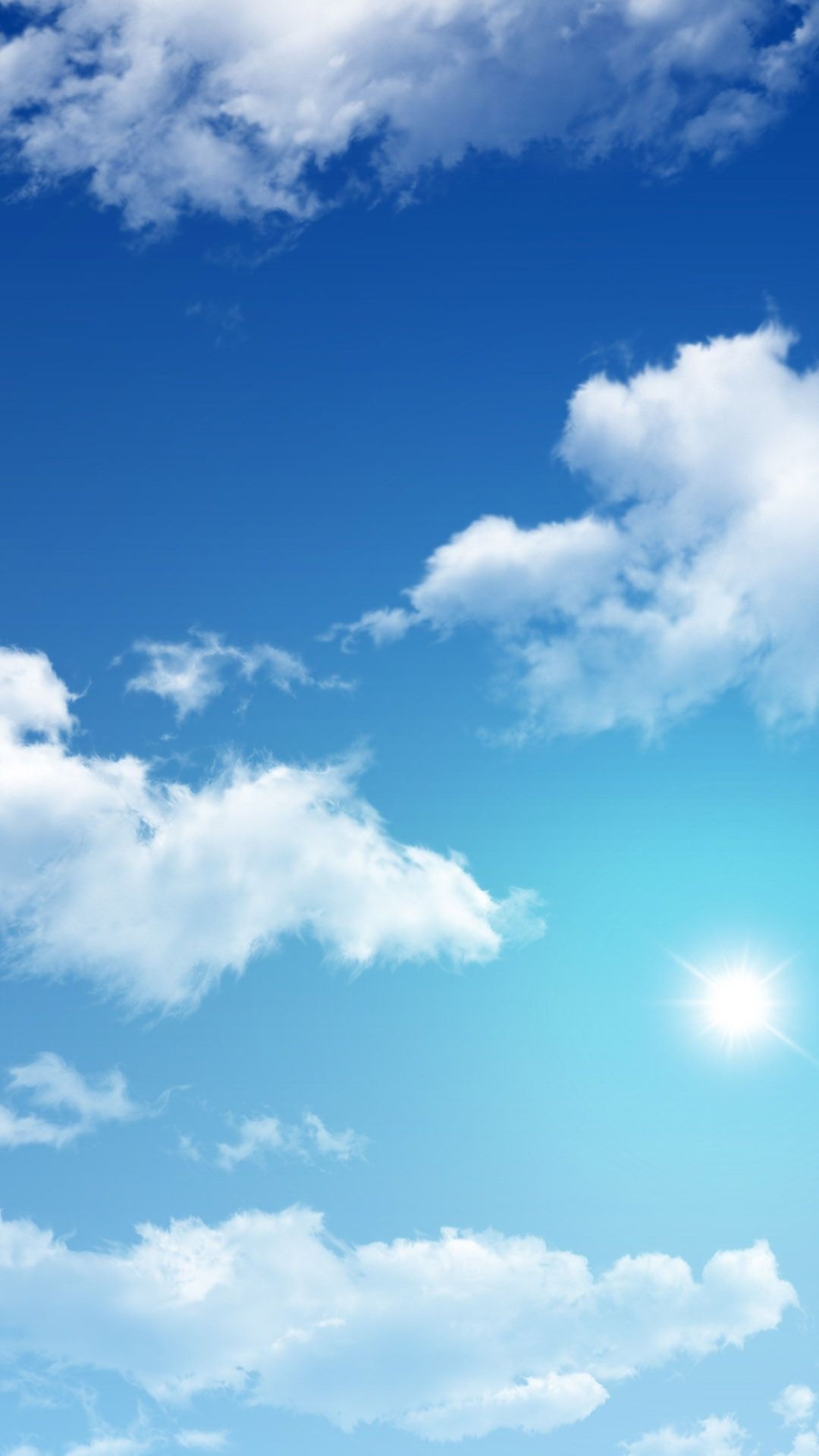 radiant sunburst, white cumulus clouds, clear blue sky, Full HD Phone wallpaper