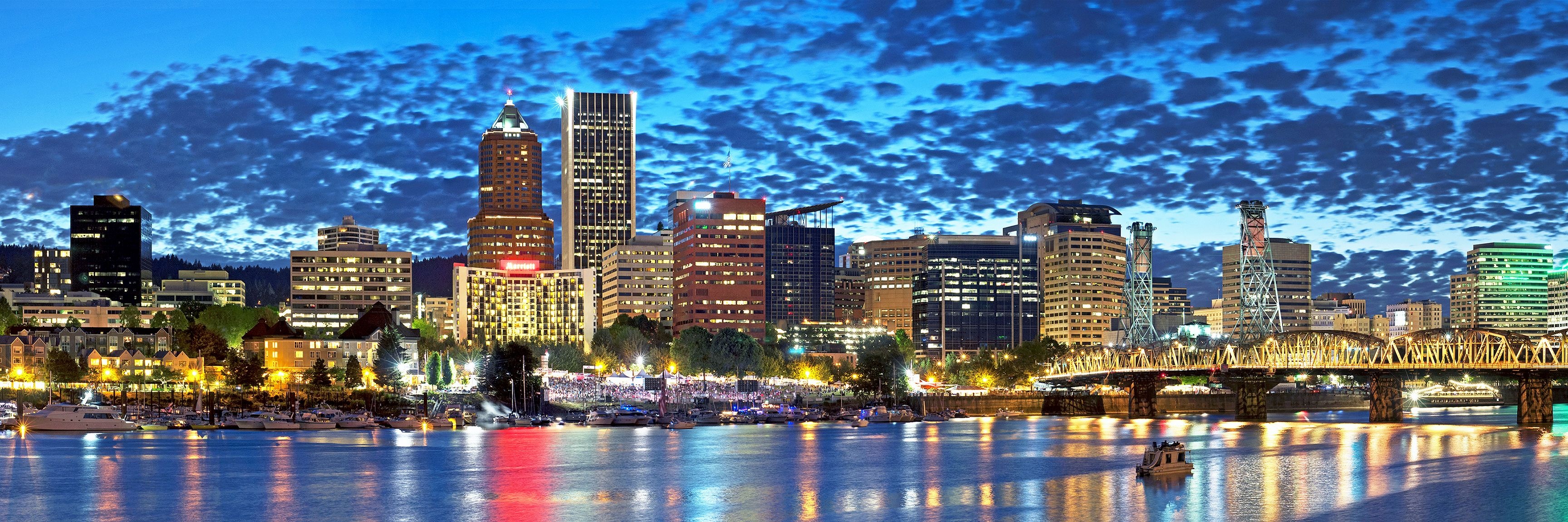 Portland Skyline, Travels, Portland Oregon, Blues Festival, 3460x1160 Dual Screen Desktop