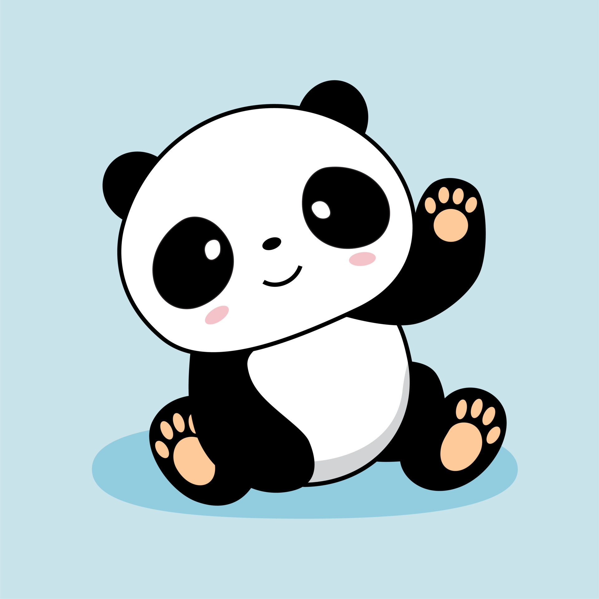 Waving cartoon baby panda, Cute chibi giant panda, Light blue backdrop, HD Phone wallpaper