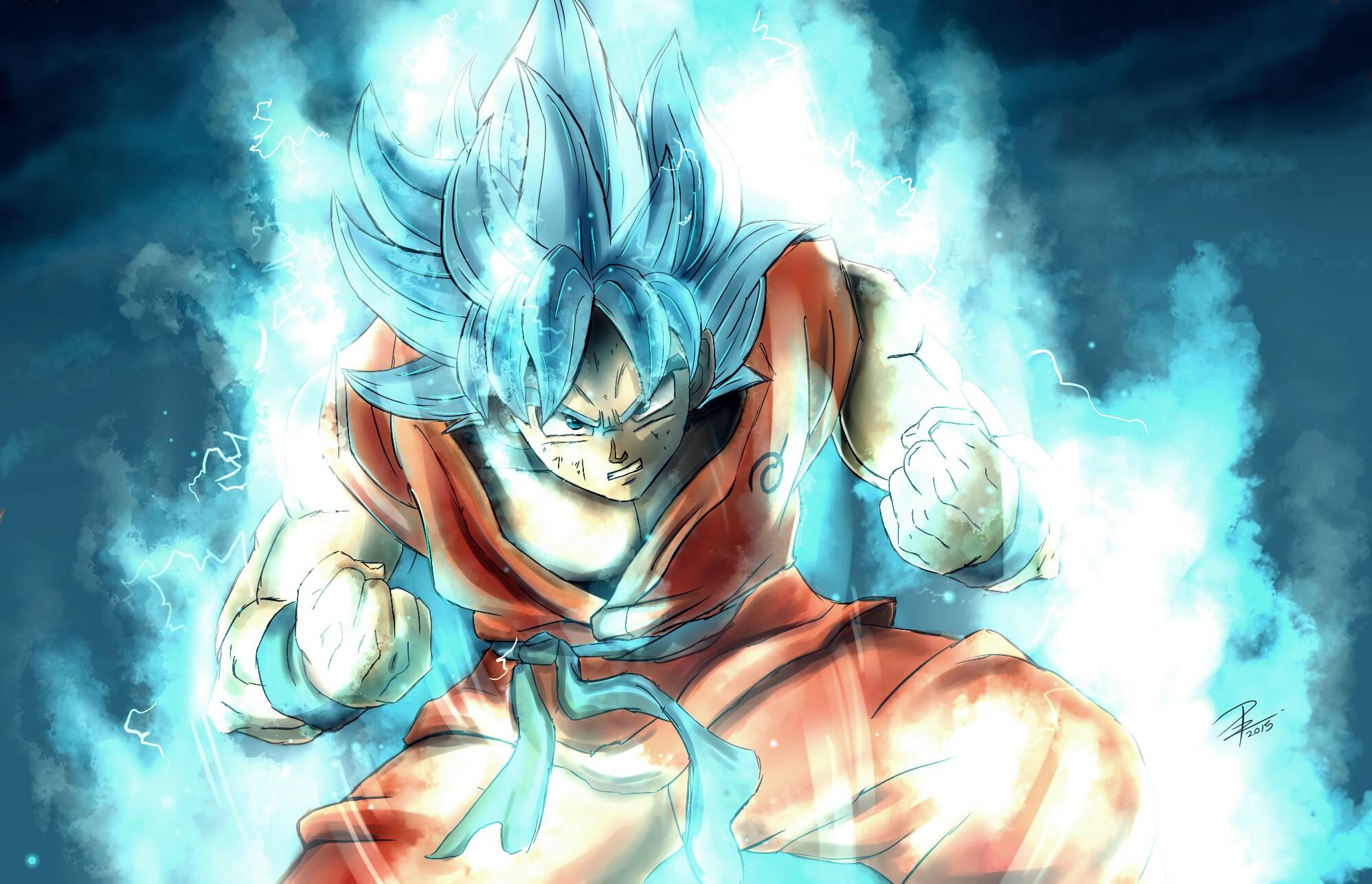 Super Saiyan Blue Goku, Whis symbol gi, Glowing blue ki aura, HD Desktop wallpaper