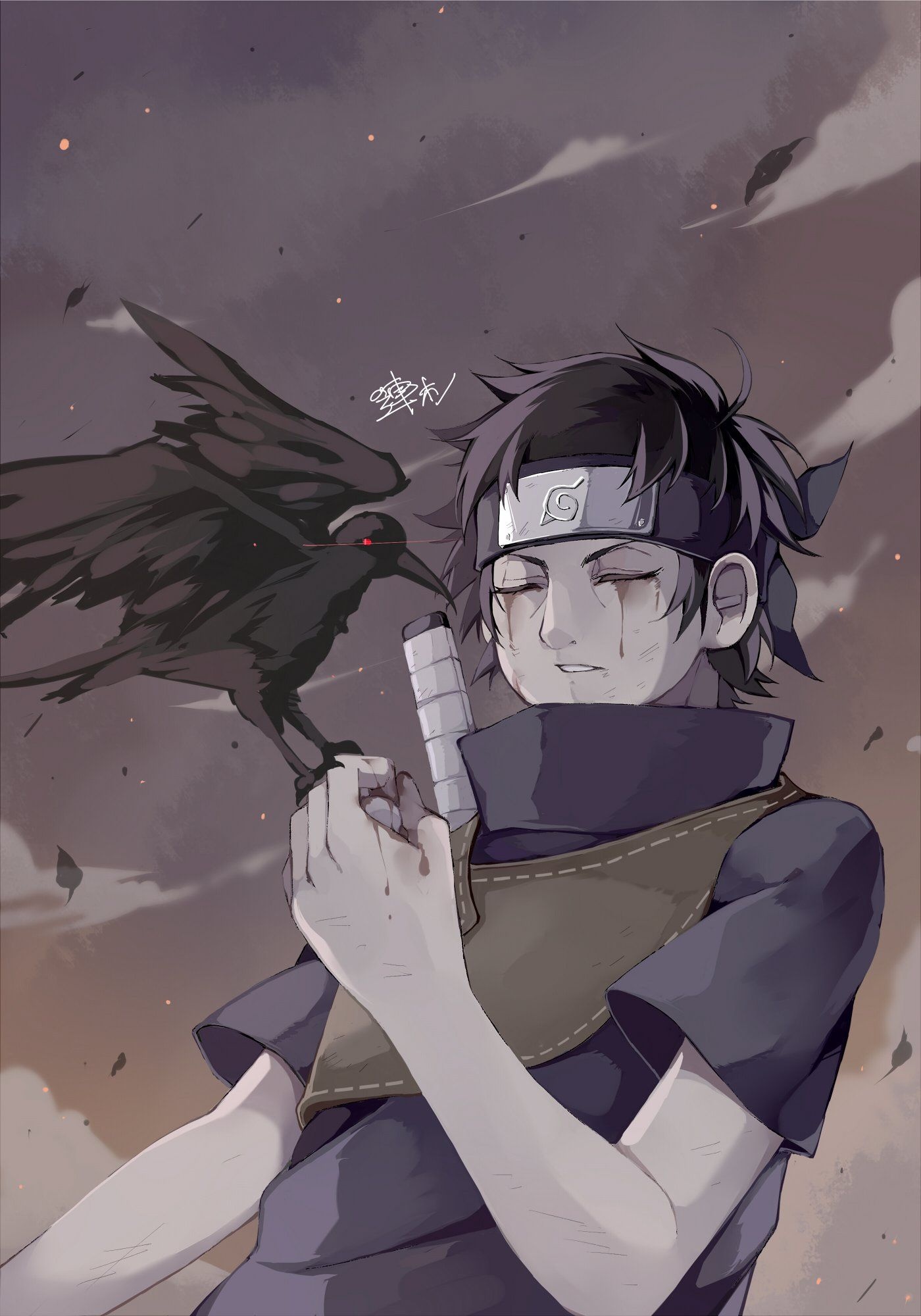 Shisui Uchiha, Sharingan crow, bleeding closed eyes, HD Phone wallpaper