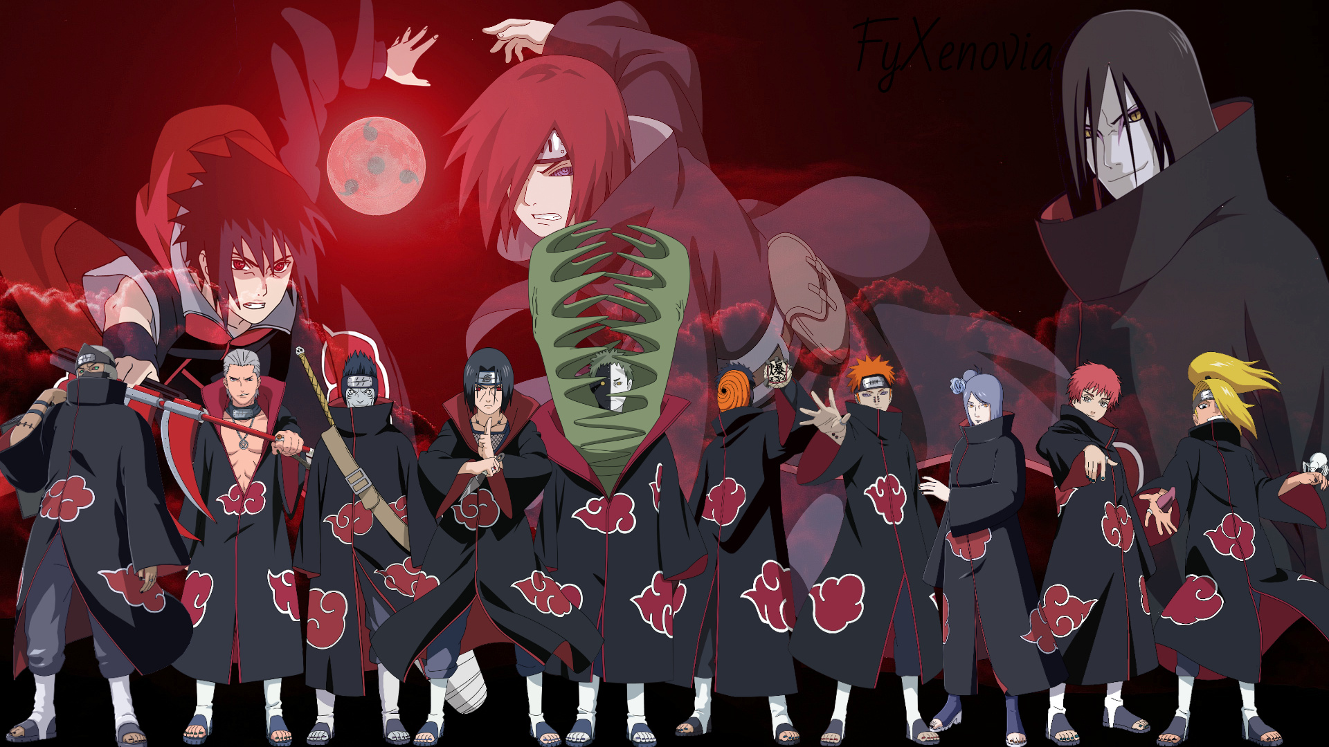 Nagato, Akatsuki members, Sasuke Uchiha, Orochimaru, red full moon, Full HD Desktop wallpaper