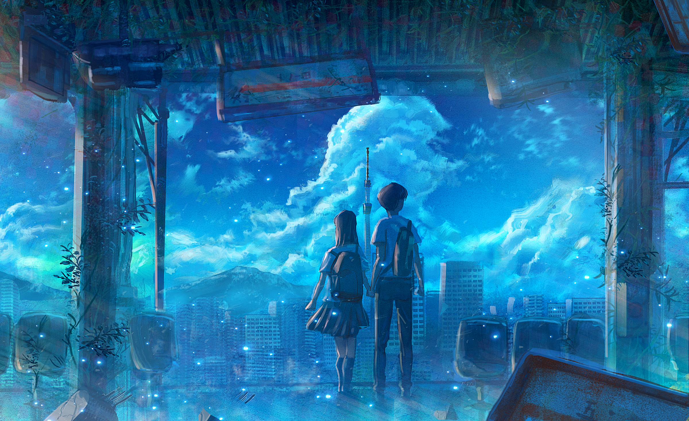 anime couple holding hands, Tokyo Skytree city skyline, overgrown abandoned room interior, HD Desktop wallpaper