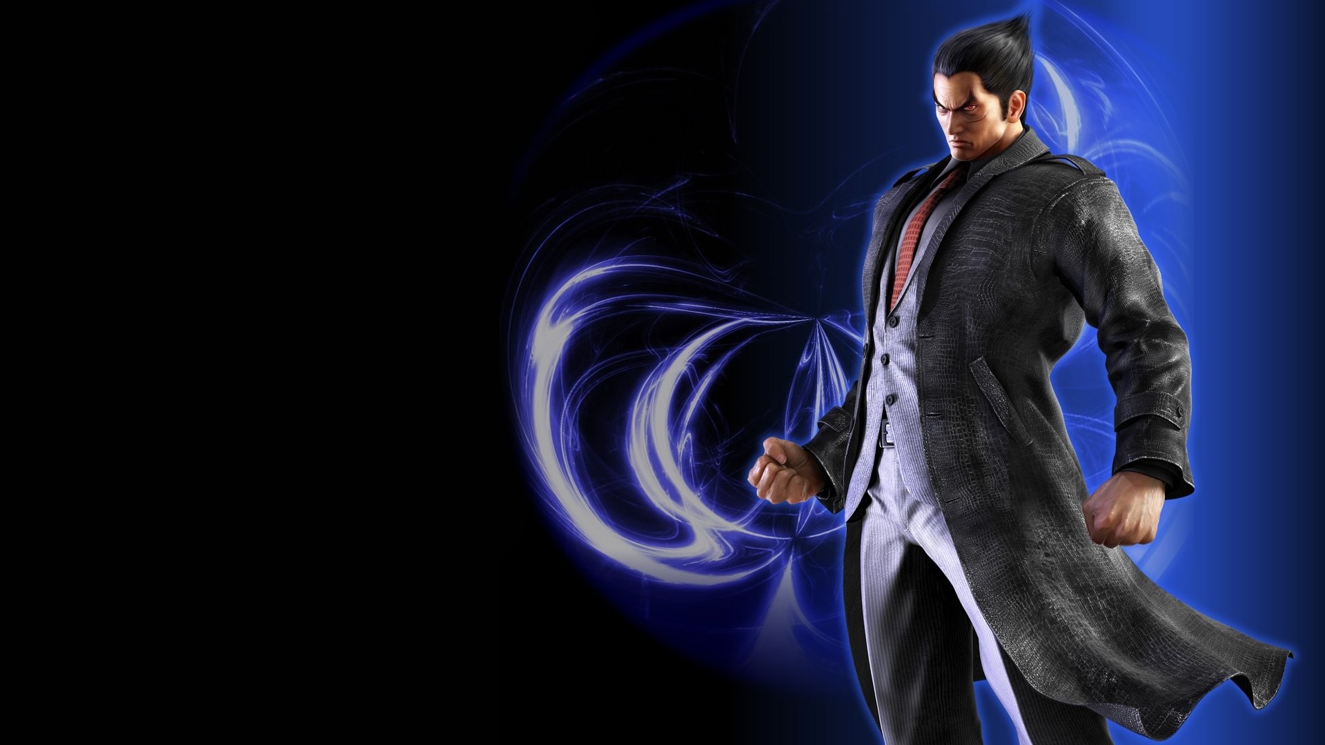 Kazuya Mishima, black trench coat, blue electric aura, Full HD Desktop wallpaper