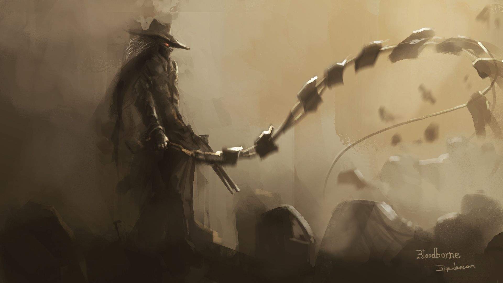 Bloodborne Hunter, Threaded Cane whip, Bloodborne text, Full HD Desktop wallpaper