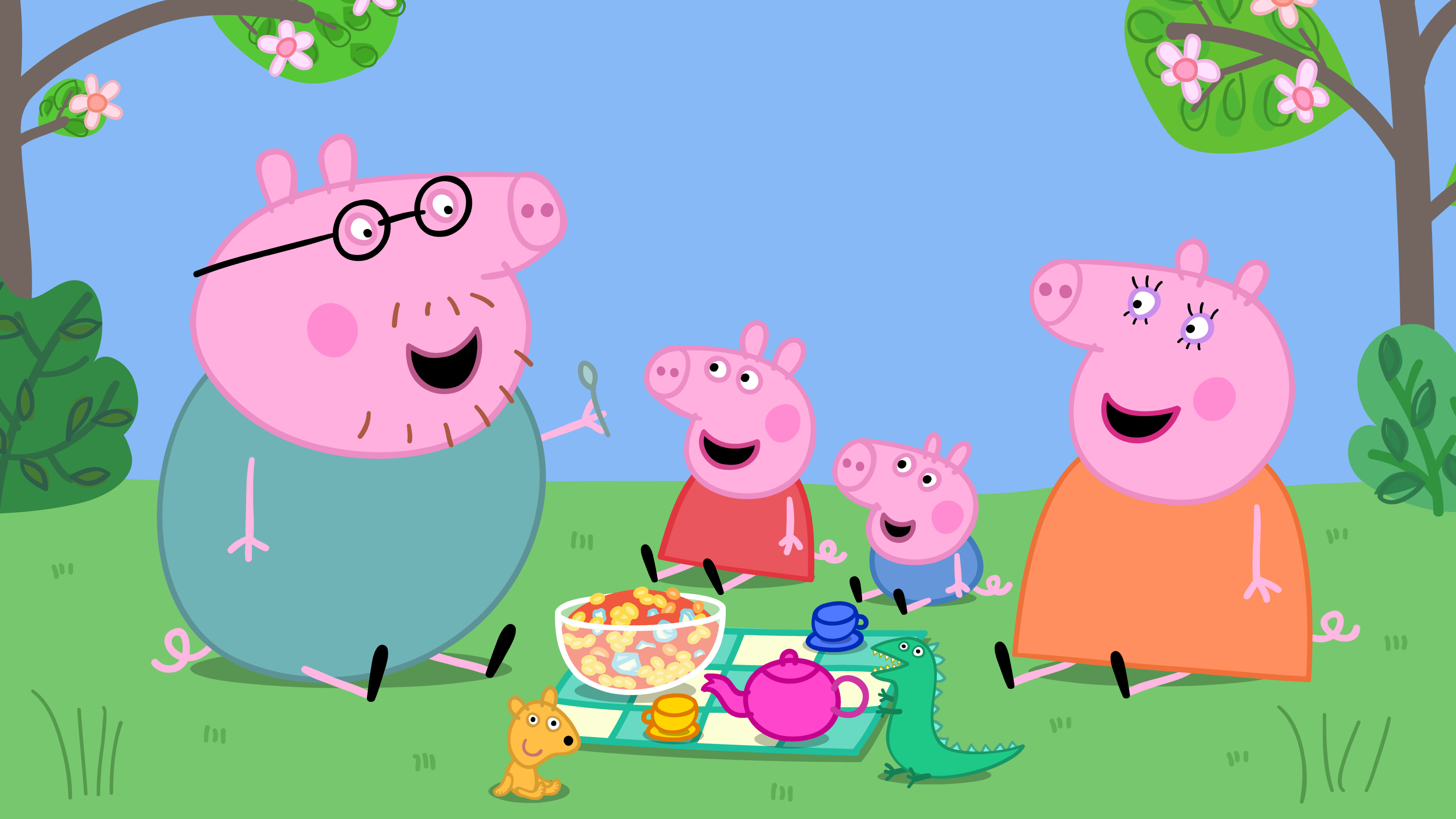 Peppa Pig, Daddy Pig, Mummy Pig, George Pig, Mr. Dinosaur toy, 4K Desktop wallpaper