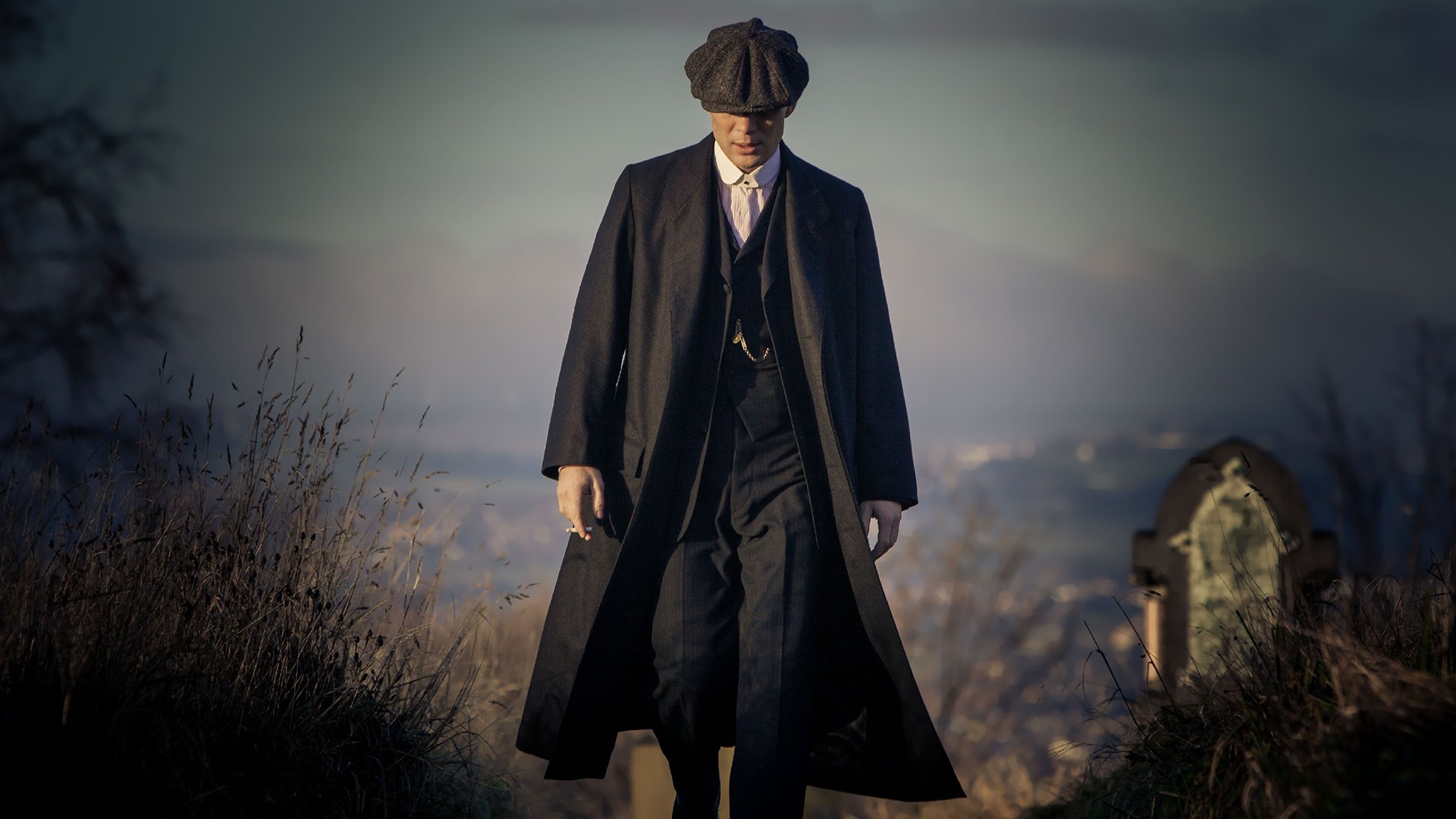 Tommy Shelby, Grassy hillside graveyard, Distant hazy valley, Full HD Desktop wallpaper