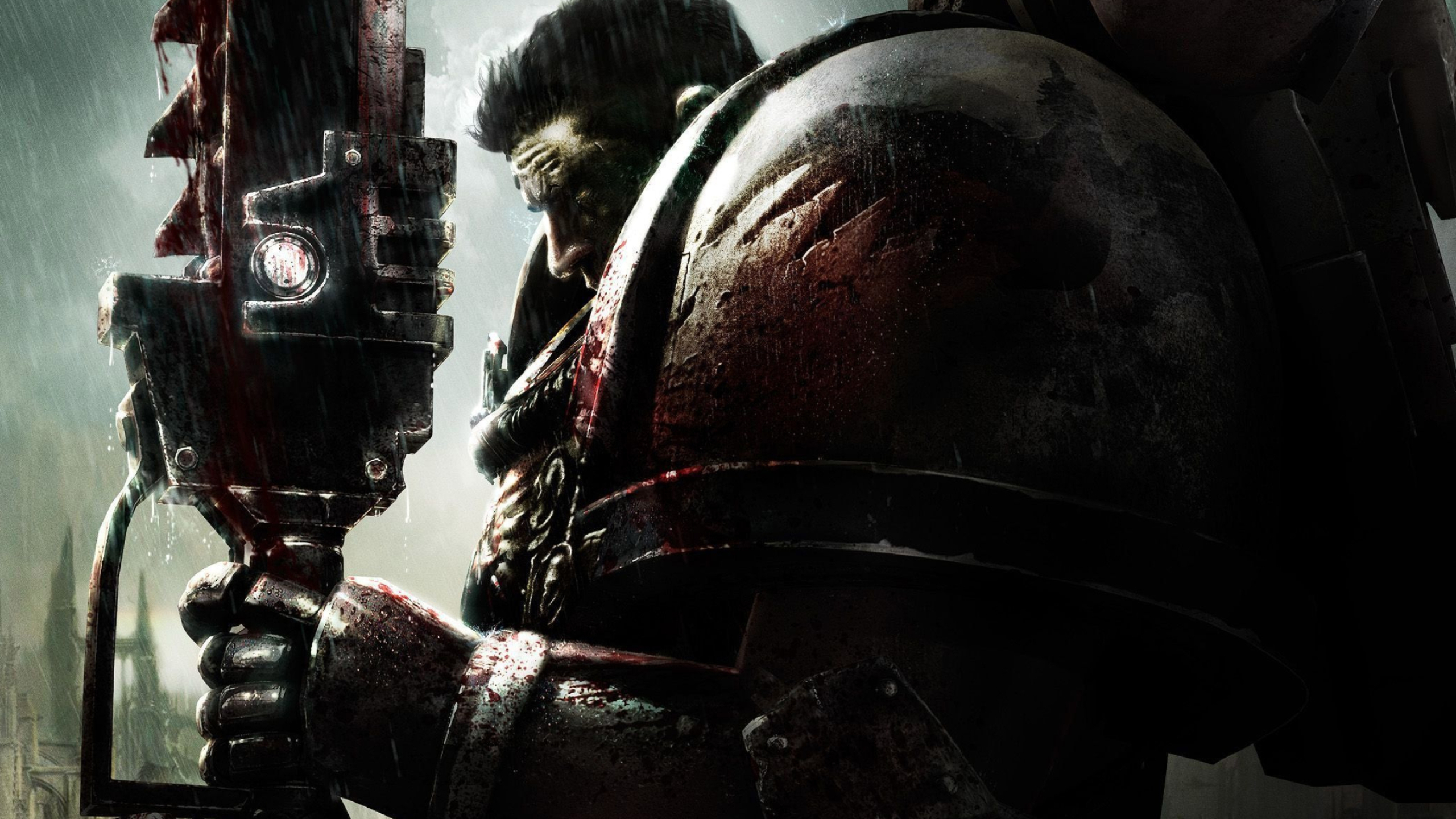 Captain Titus, Blood-splattered Chainsword, Ultramarine Power Armour, HD Desktop wallpaper