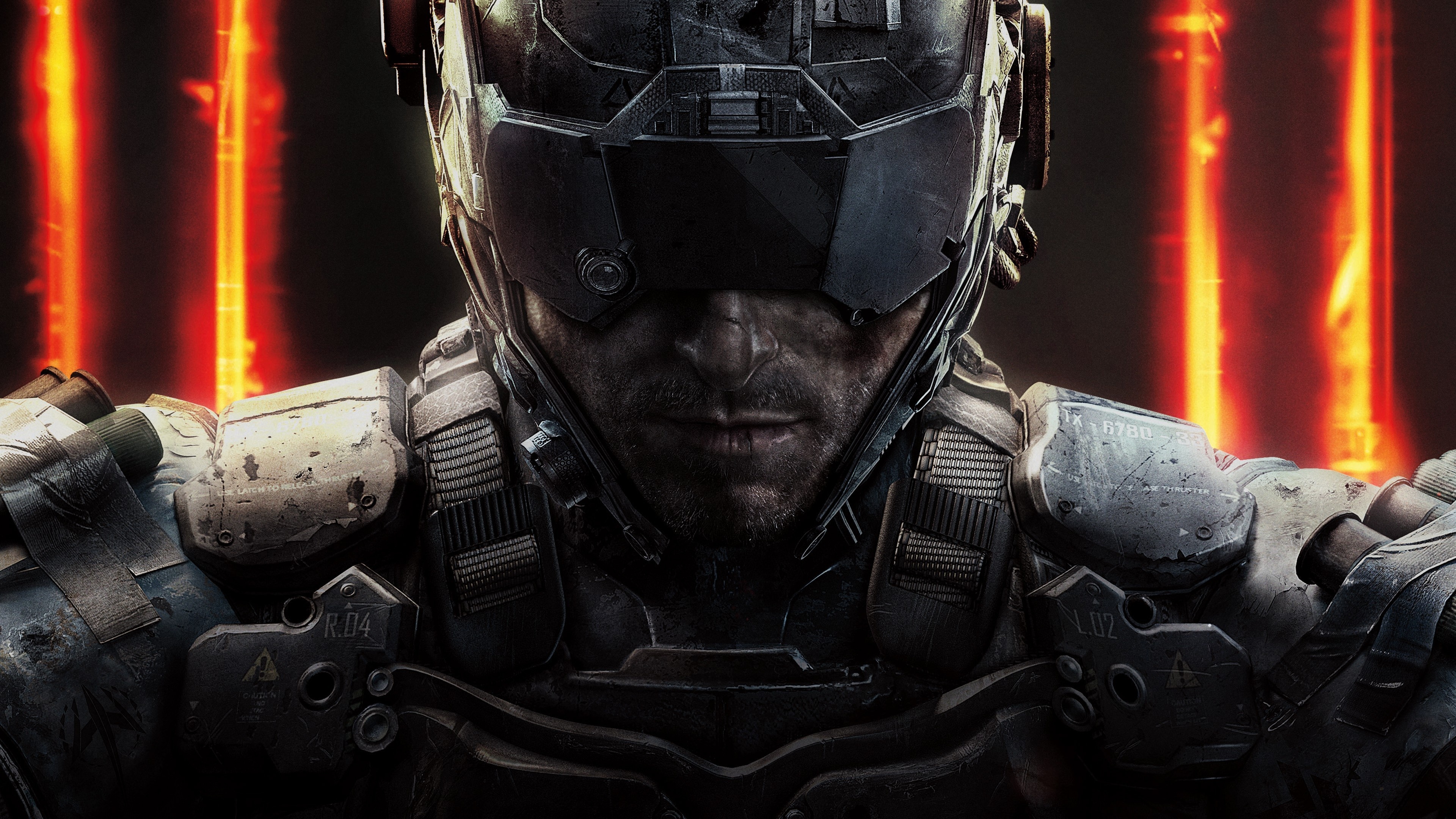 Call of Duty: Black Ops III soldier, Cybernetic combat helmet, Orange Roman numeral III, 4K Desktop wallpaper