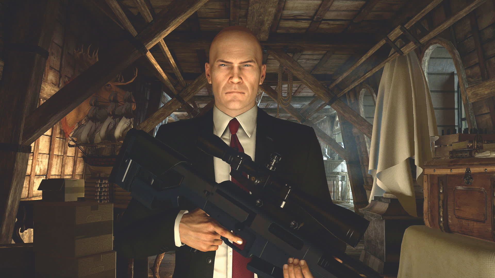 Agent 47, Bullpup sniper rifle, Thornbridge Manor attic, Full HD Desktop wallpaper