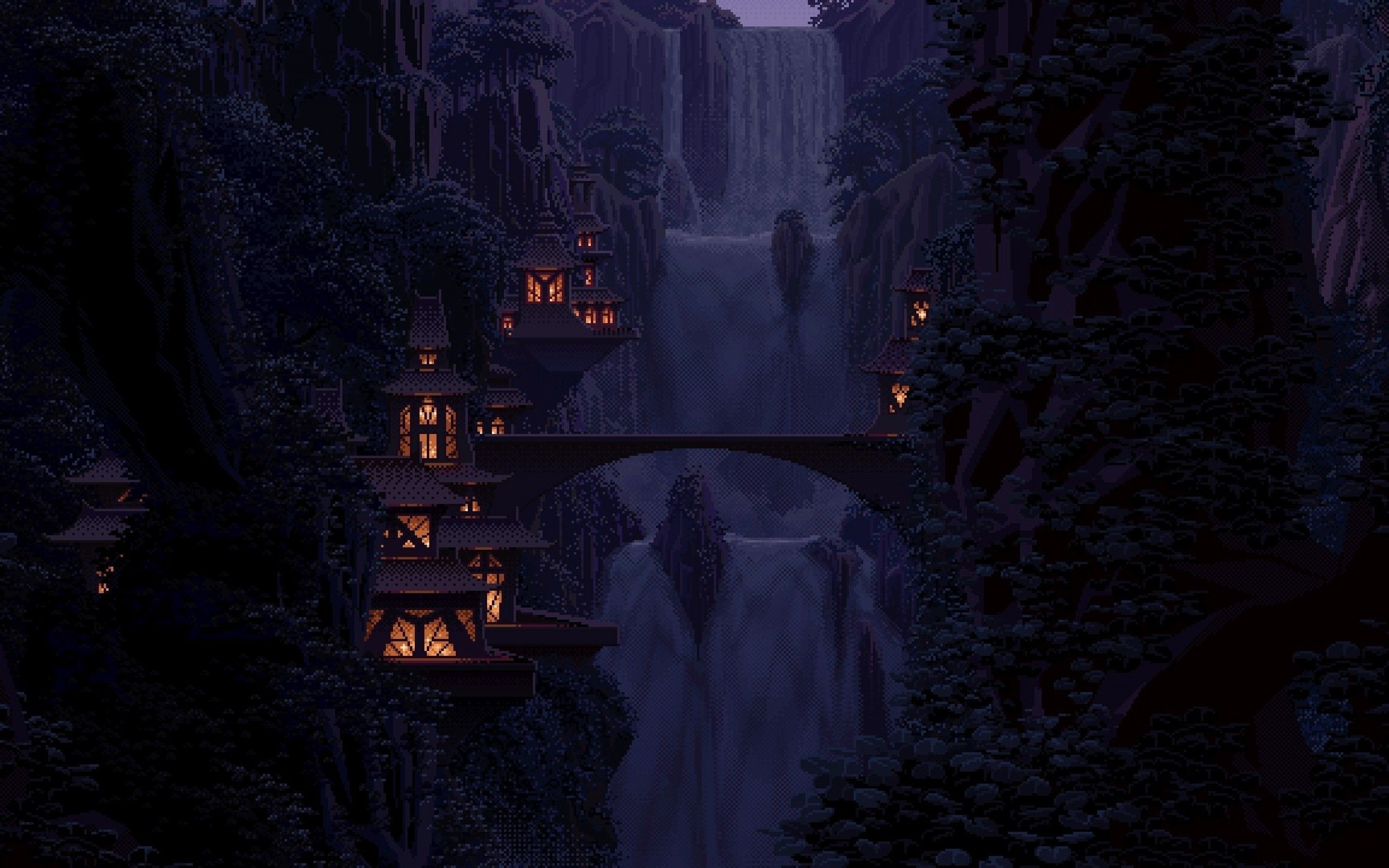 illuminated cliffside pagodas, cascading mountain waterfall, spanning stone arch bridge, HD Desktop wallpaper