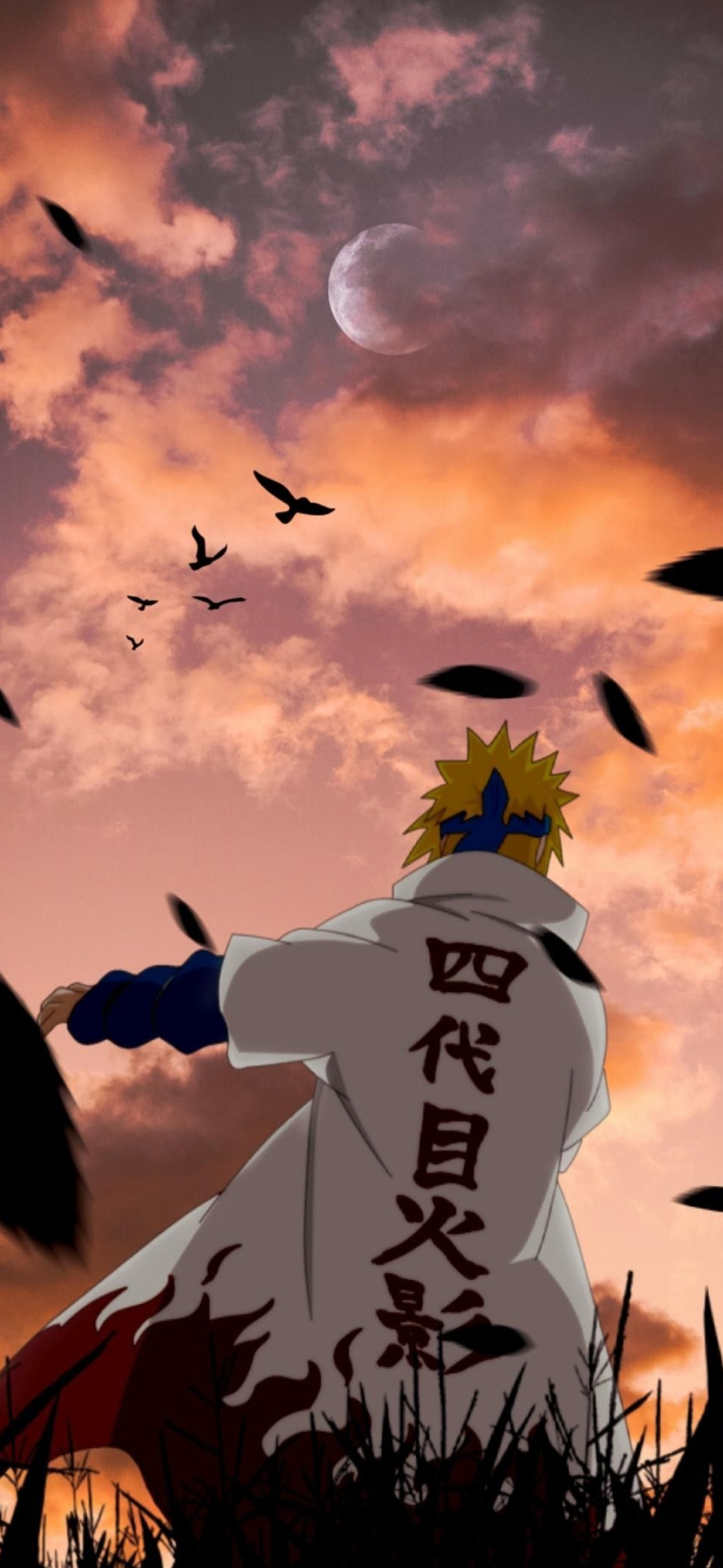 Minato Namikaze, Fourth Hokage cloak, sunset sky with moon, HD Phone wallpaper