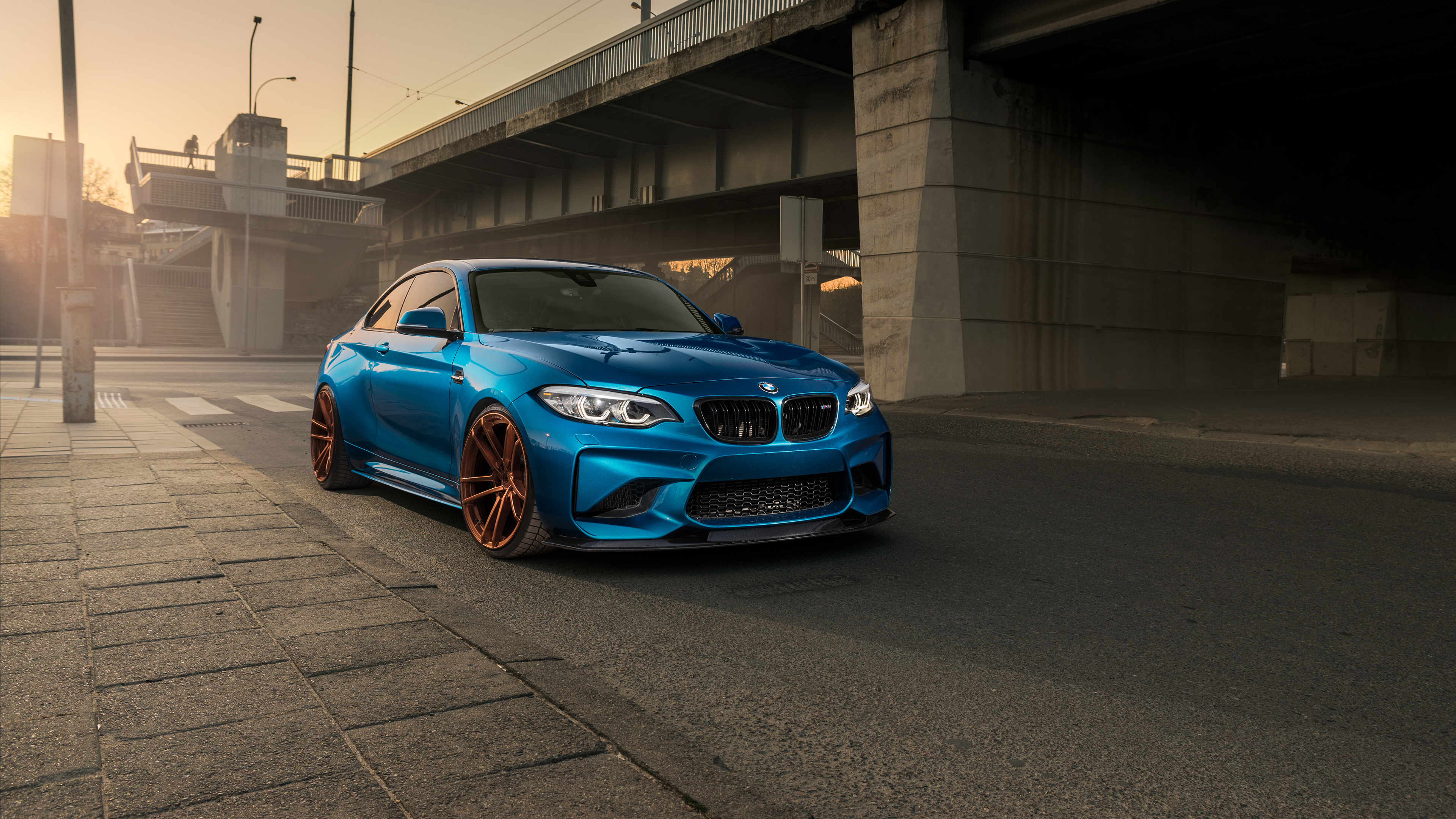 BMW M2 F87, Bronze multi-spoke wheels, Urban bridge underpass, 4K Desktop wallpaper