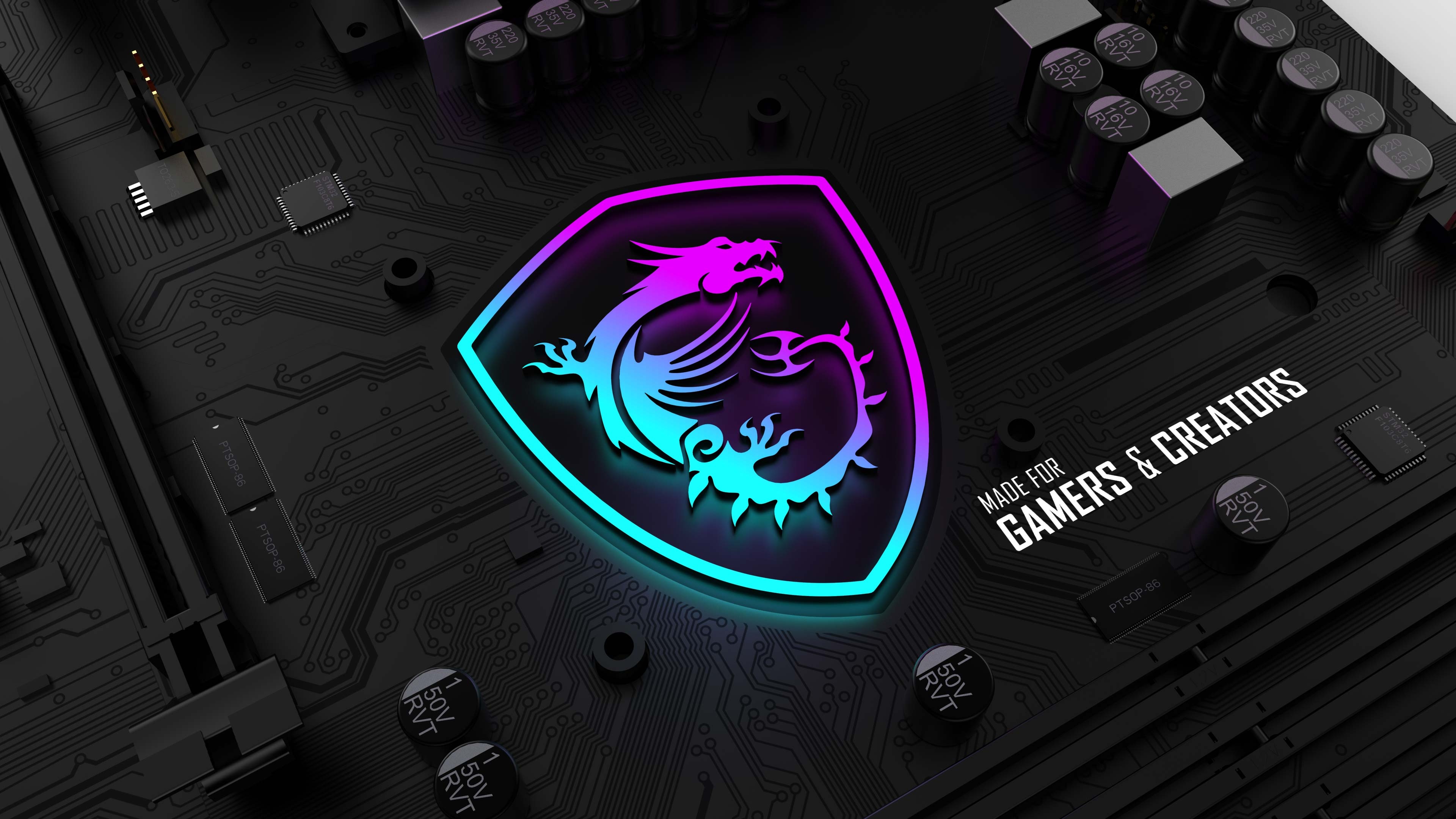 MSI dragon shield logo, Gamers & Creators, black motherboard circuit board, 4K Desktop wallpaper