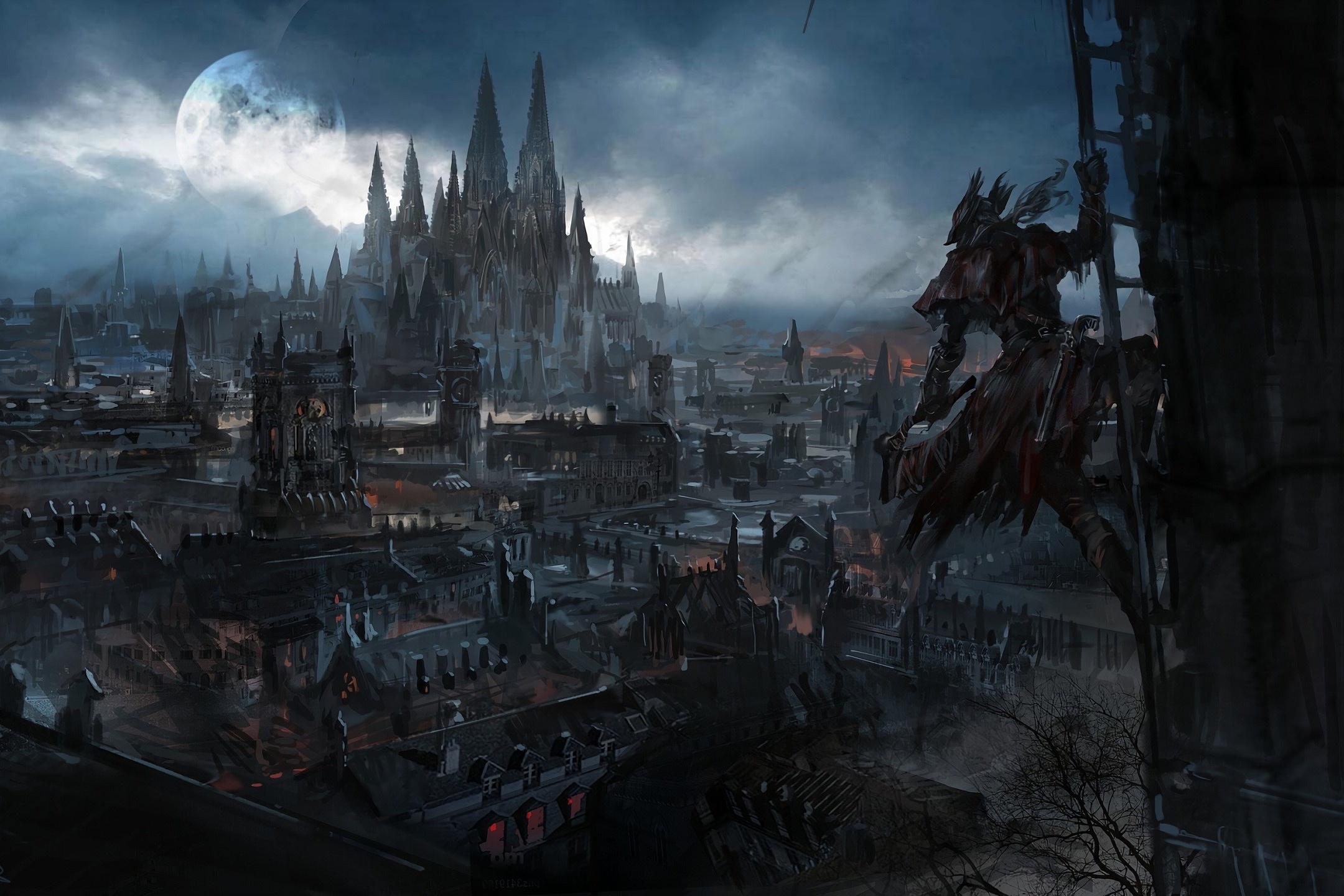 Bloodborne Hunter, Yharnam cityscape, Grand Cathedral, HD Desktop wallpaper