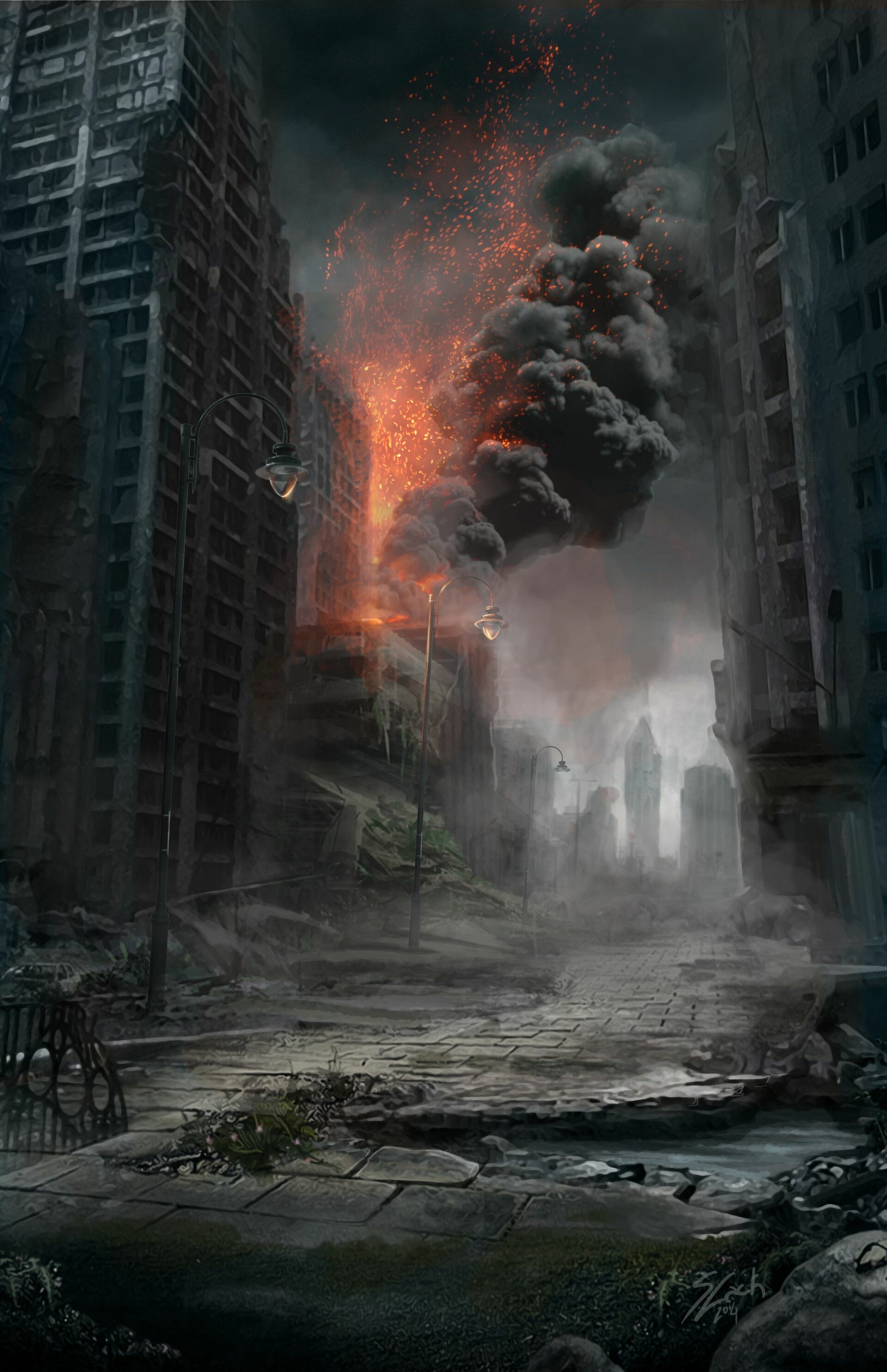 Post-apo city, Sabina Lach, Apocalypse aesthetic, Fantasy landscape, 1920x2970 HD Phone