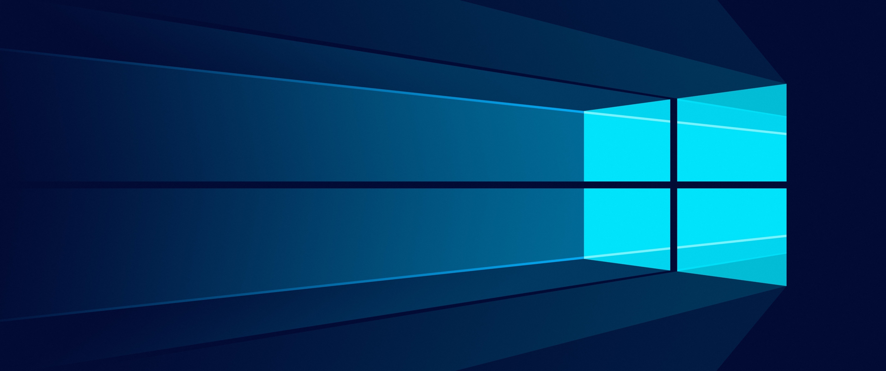 Windows 10 Hero logo, glowing cyan window panes, blue volumetric light beams, Dual Screen Desktop wallpaper