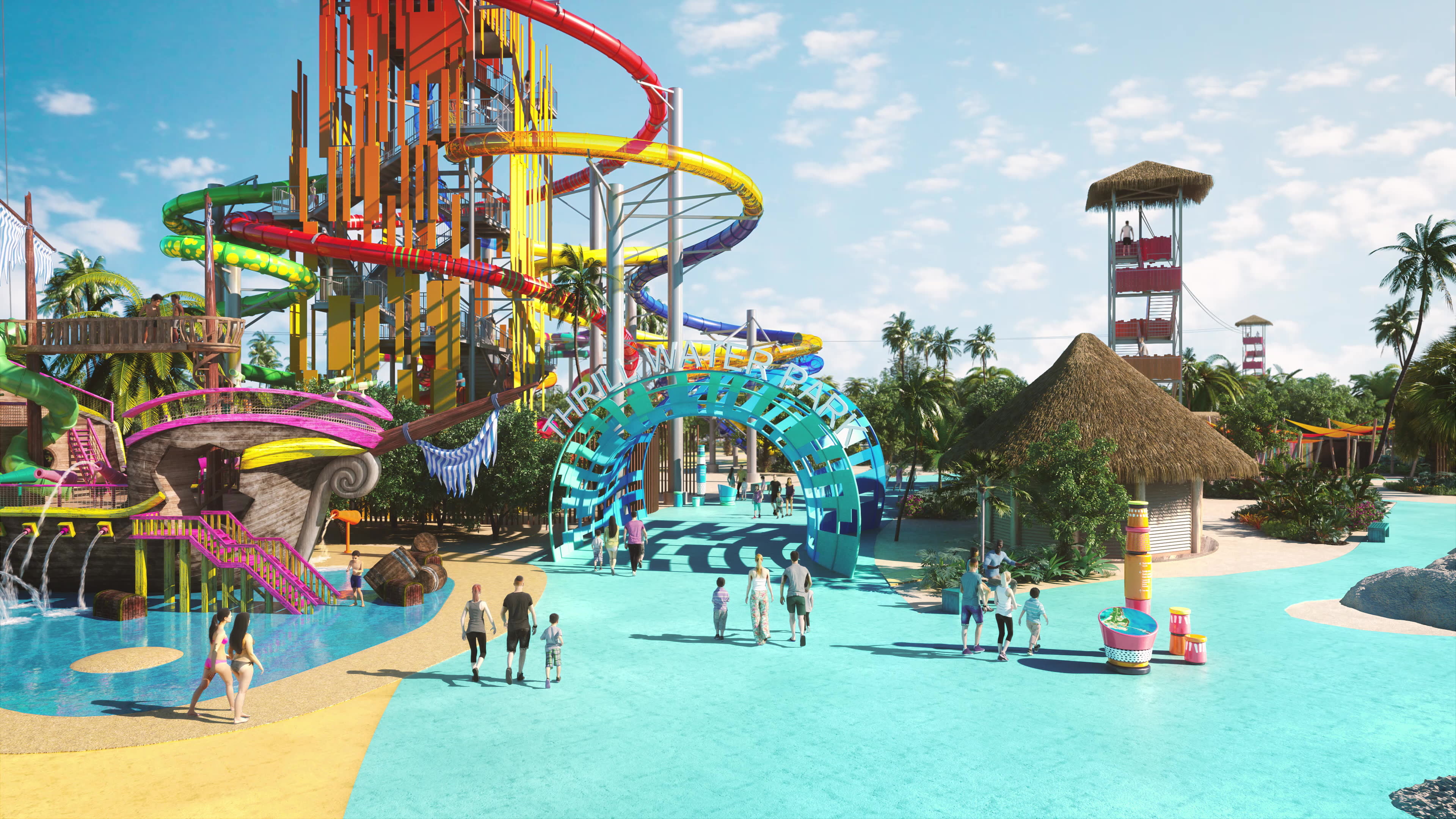 Private island waterpark, Exclusive experience, Cruise access, Thrilling rides, 3840x2160 4K Desktop