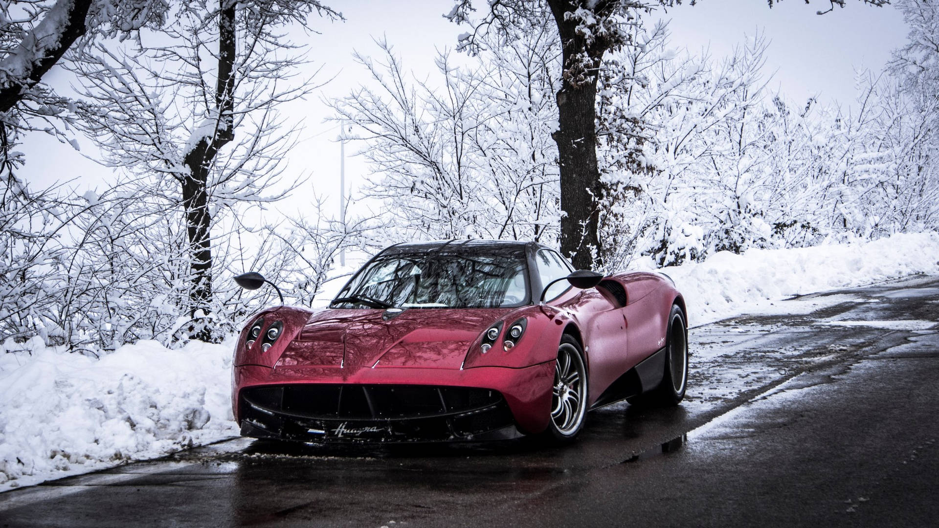 Red Pagani Huayra, Snow-covered winter forest, Wet asphalt road, Full HD Desktop wallpaper