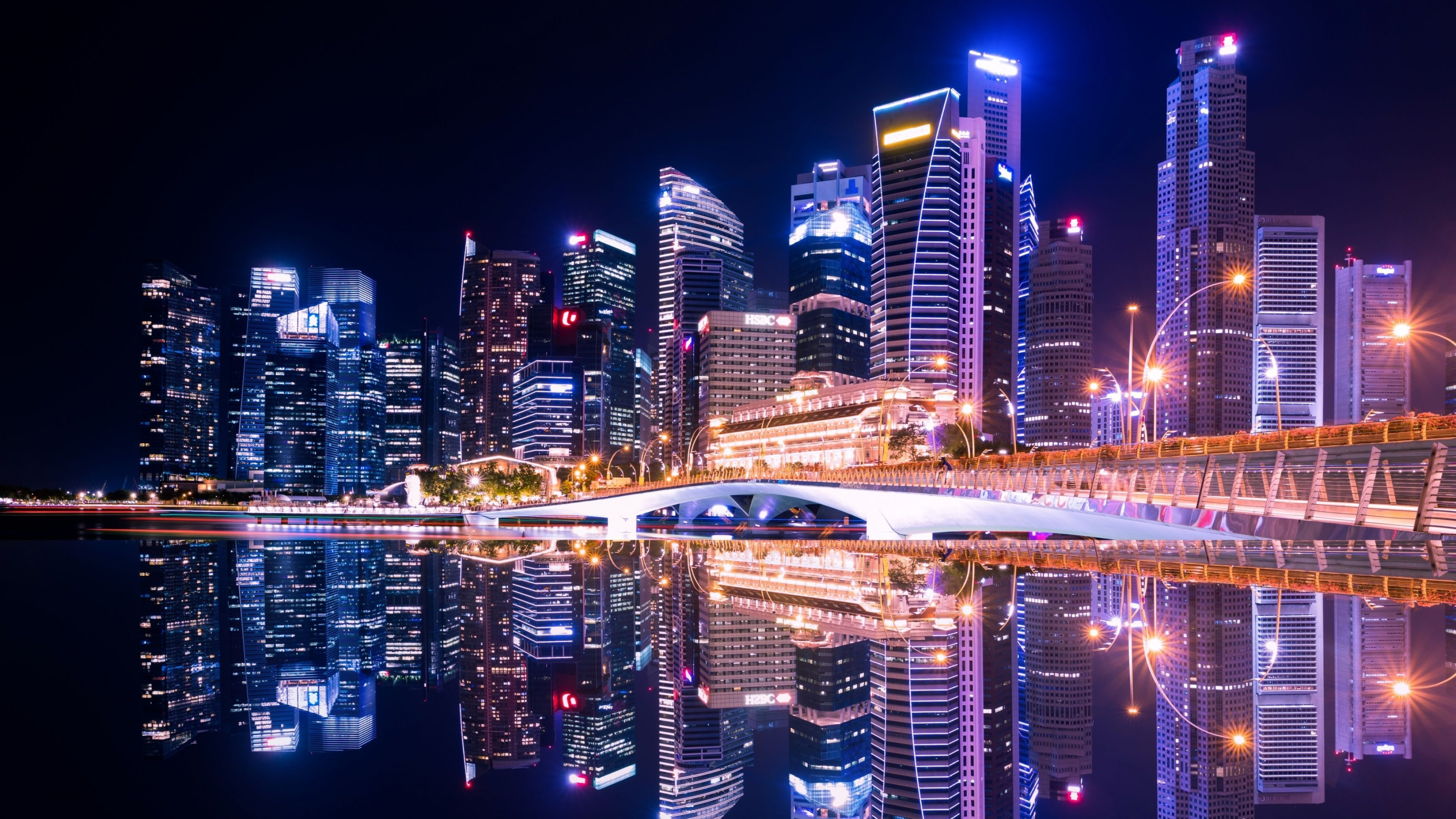 Singapore CBD skyline, Jubilee Bridge, Marina Bay water reflection, 4K Desktop wallpaper