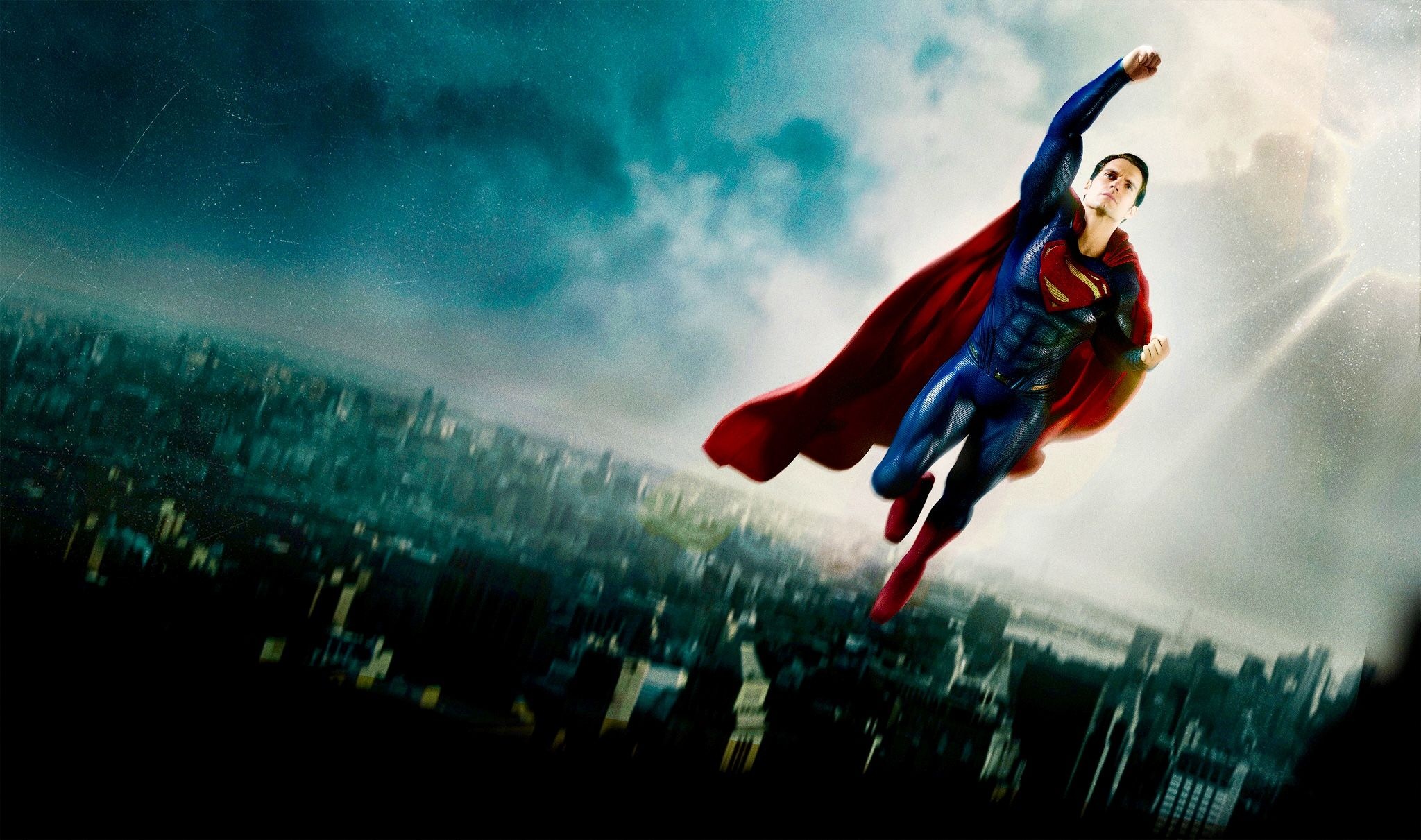 Henry Cavill Superman, Metropolis city skyline, Sunbeams through stormy clouds, HD Desktop wallpaper