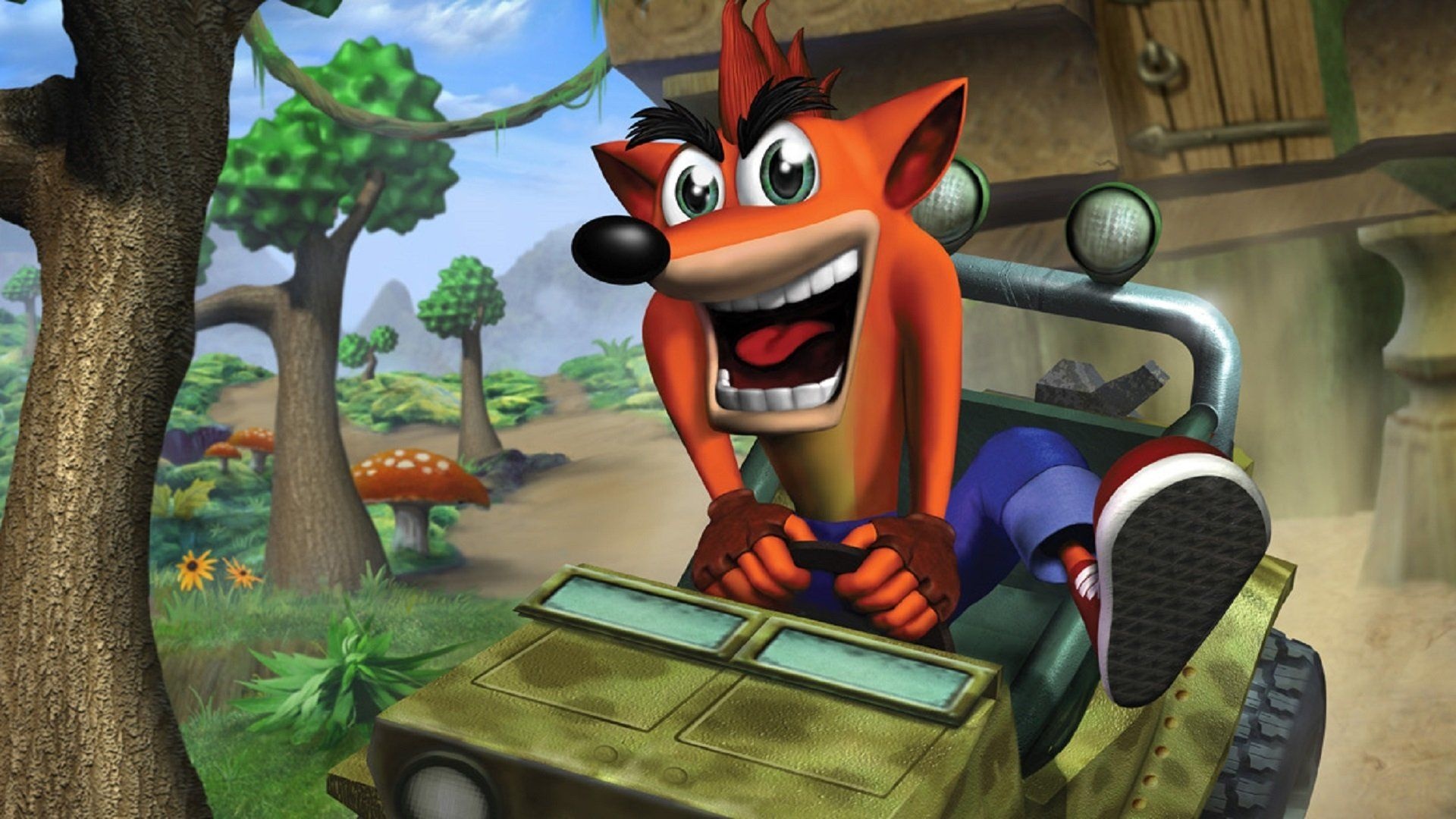 Crash Bandicoot, Green off-road jeep, Jungle forest path, Full HD Desktop wallpaper