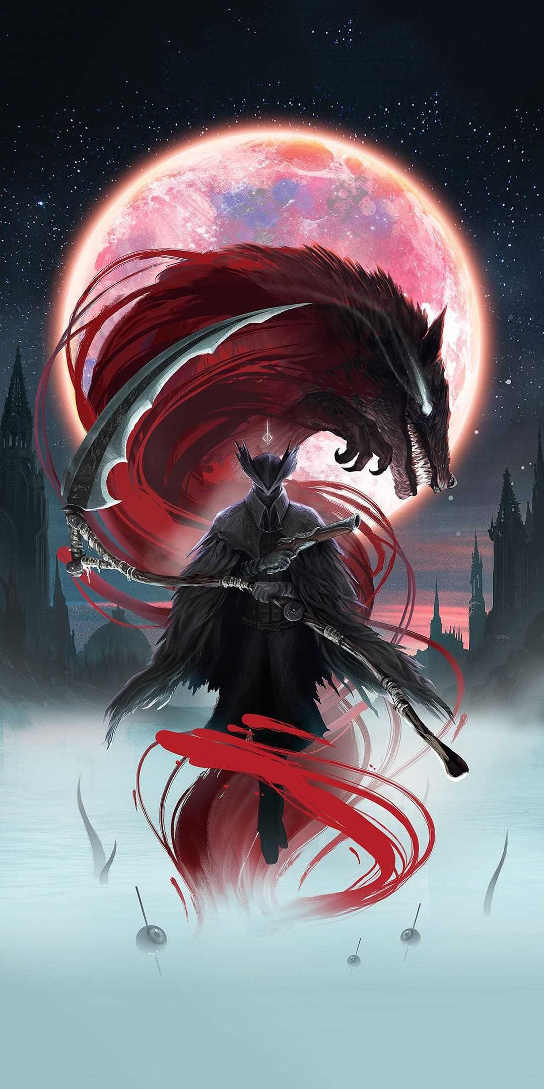 Bloodborne Hunter, Burial Blade, Blood Moon, Scourge Beast, HD Phone wallpaper