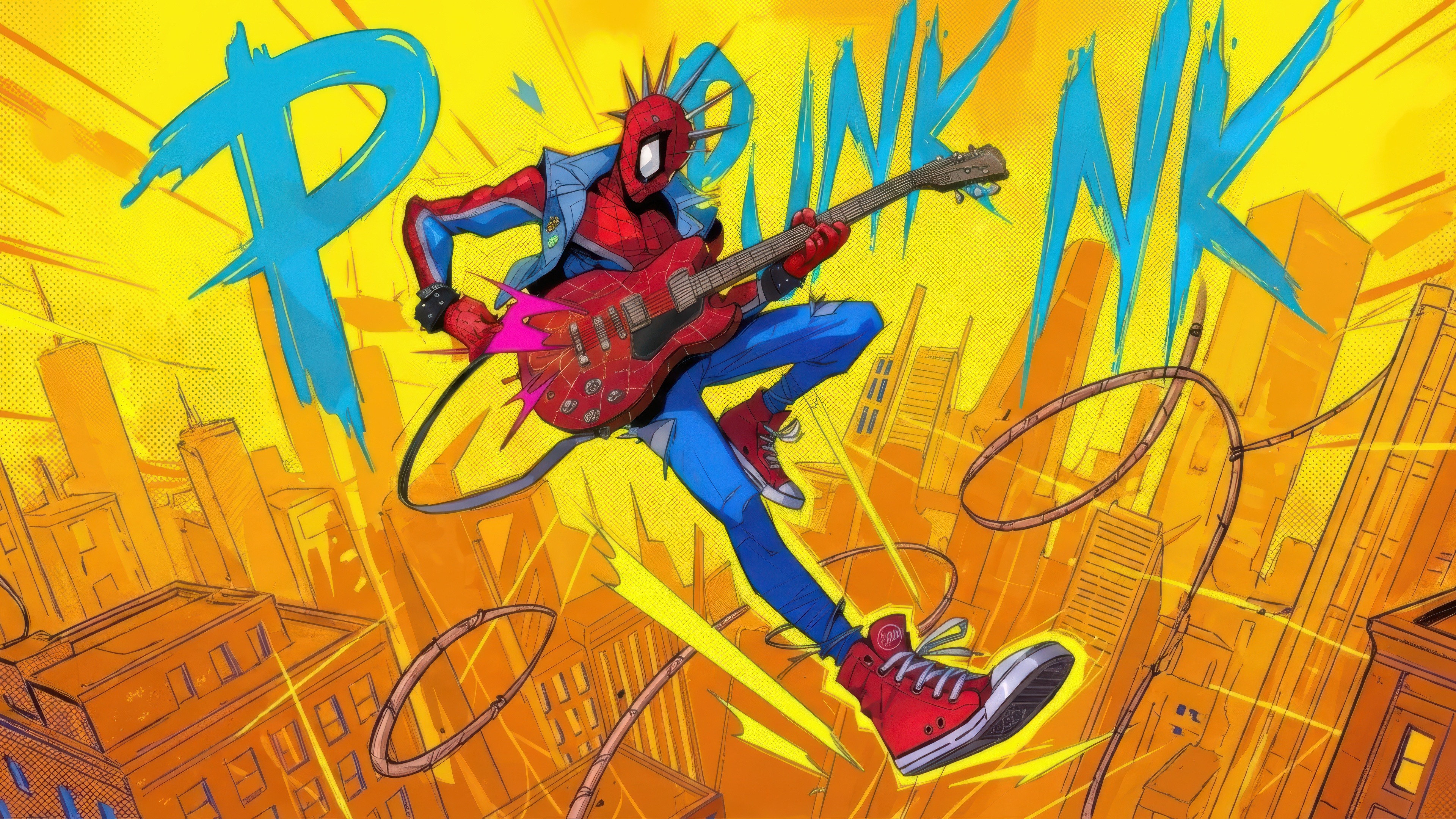 Spider-Punk (Hobie Brown), Spider-Man, Midair guitar leap, Spiked mask mohawk, Yellow comic cityscape, 4K Desktop wallpaper