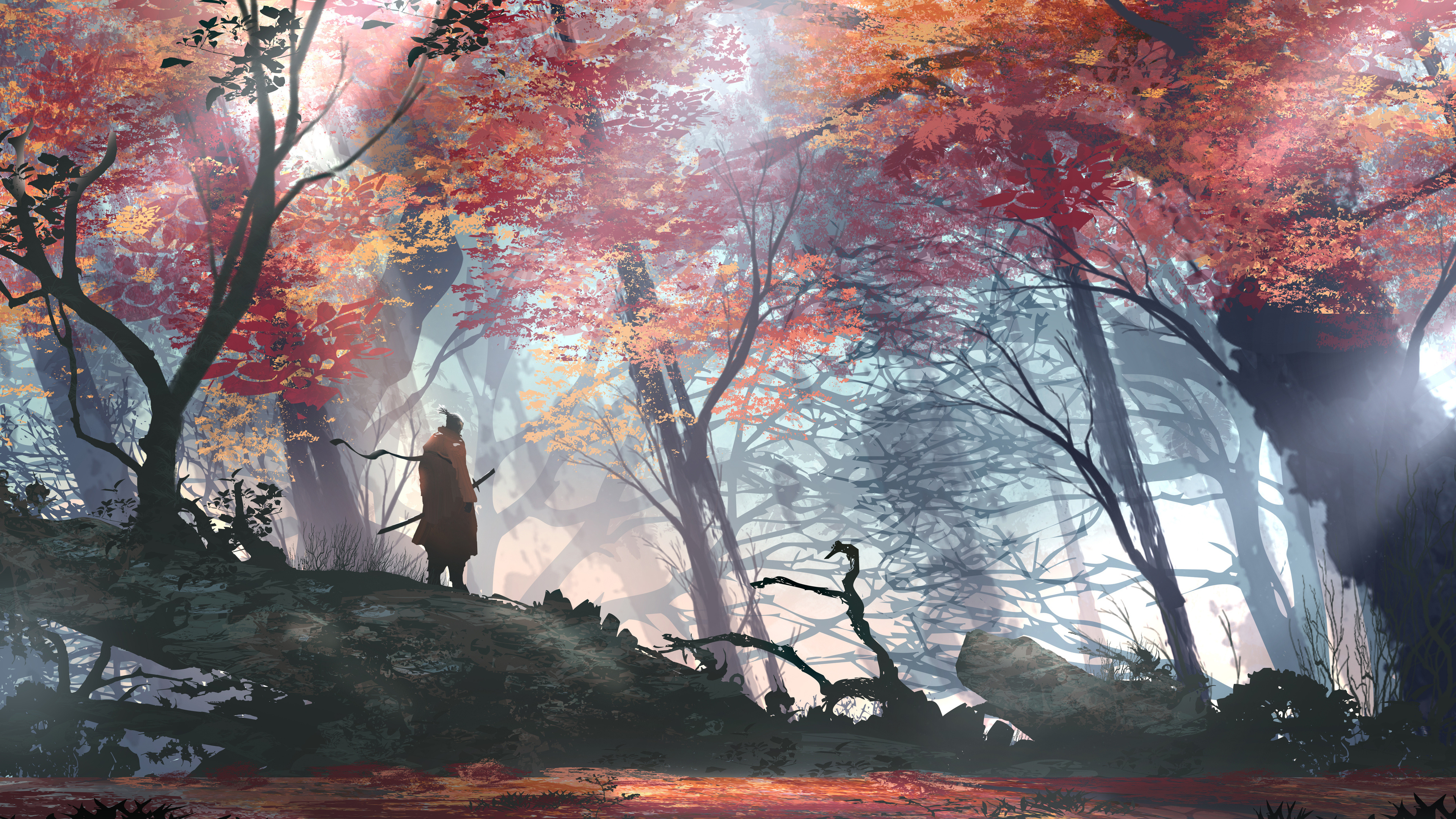 Wolf Sekiro, autumn red maple forest, misty forest canopy, 4K Desktop wallpaper