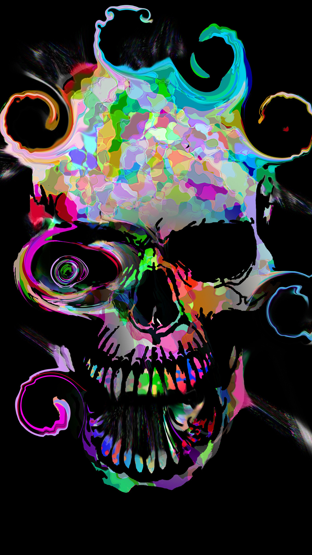 Psychedelic multicolour skull, Swirling liquid tendrils, Dark negative space, Full HD Phone wallpaper