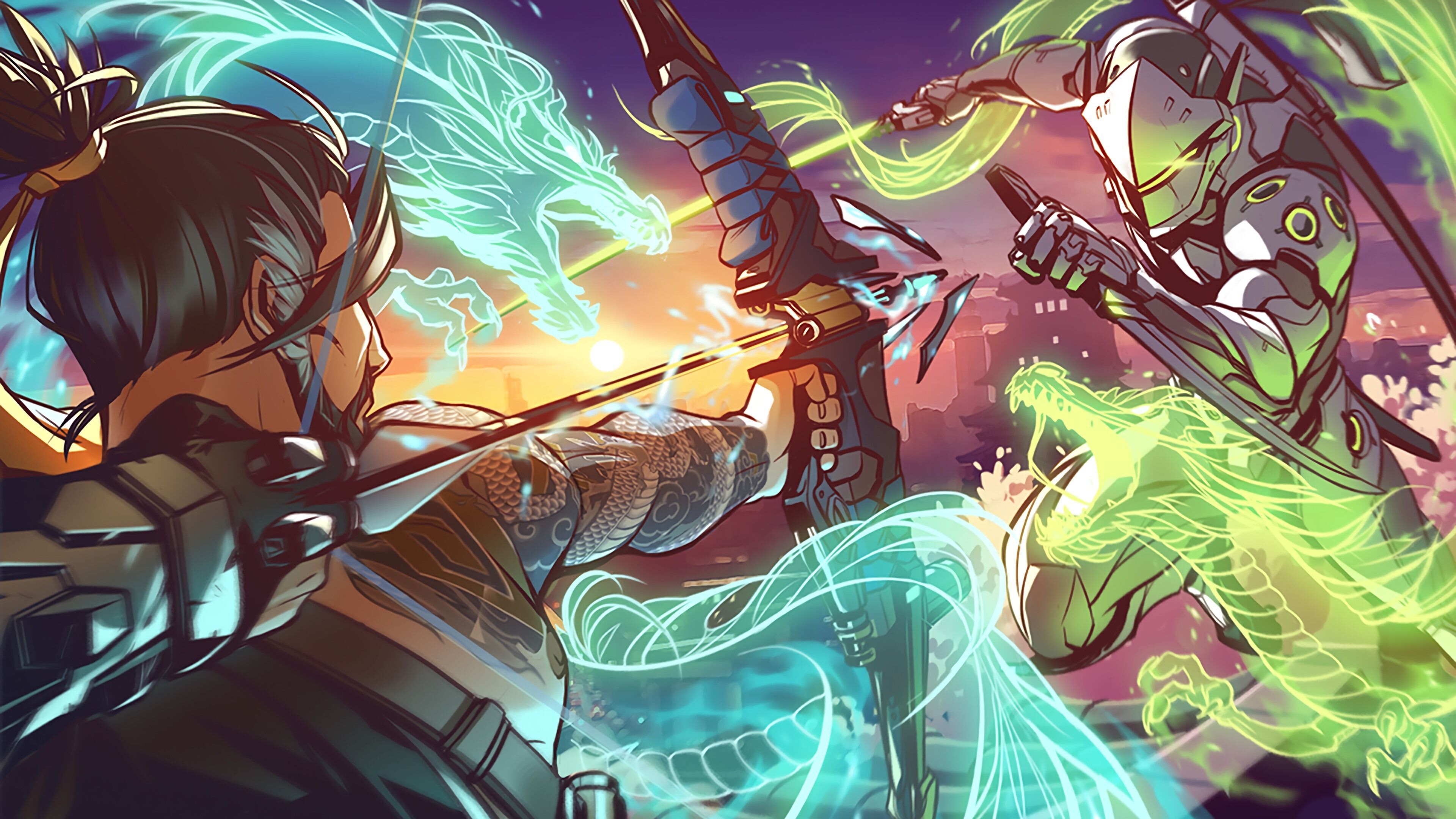 Genji Hanzo wallpapers, Dual-wielding brothers, Legendary rivalry, Dynamic duo, 3840x2160 4K Desktop