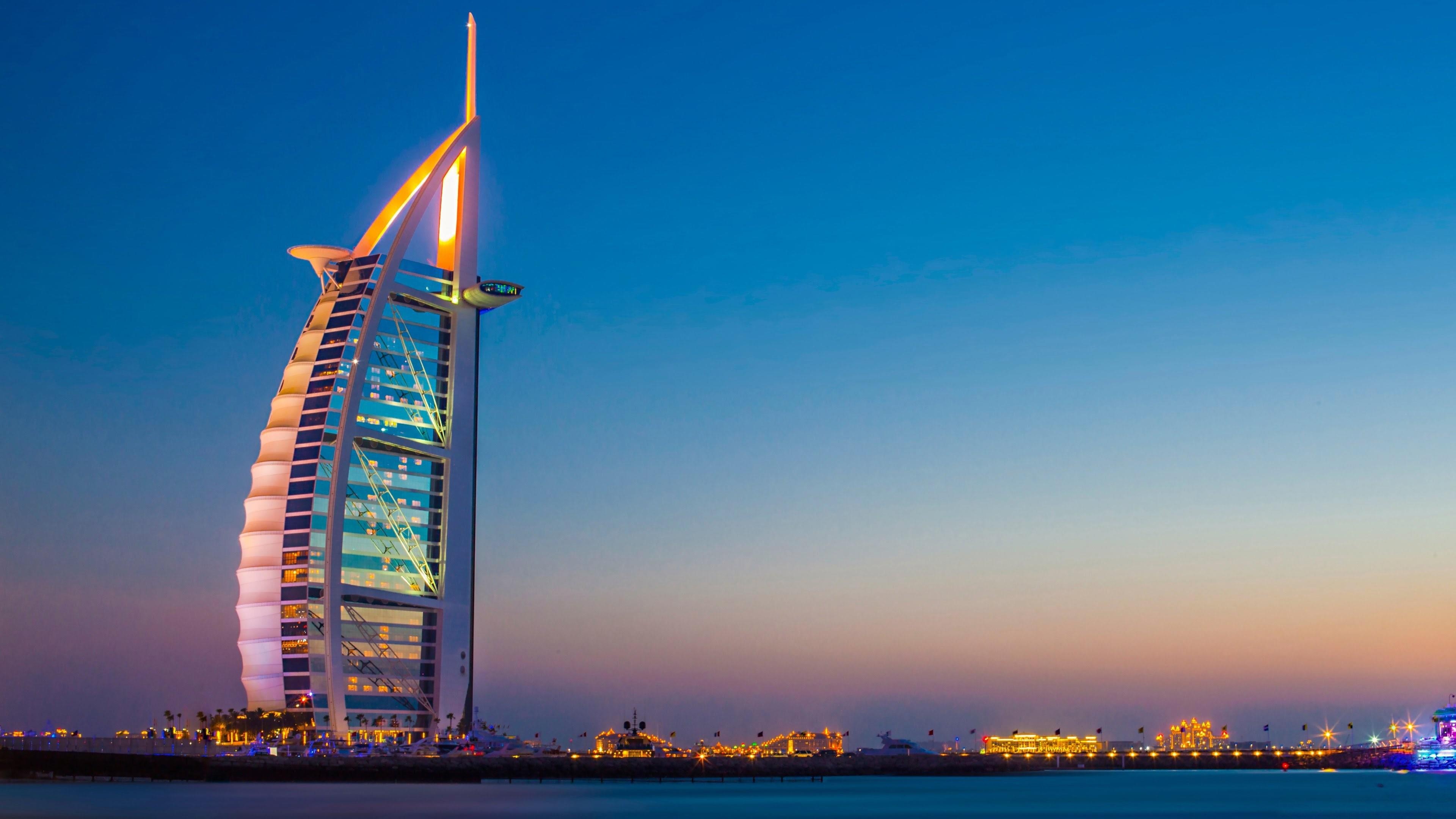 Dubai skyline, Burj Al Arab, Night view, Wallpapers, 3840x2160 4K Desktop