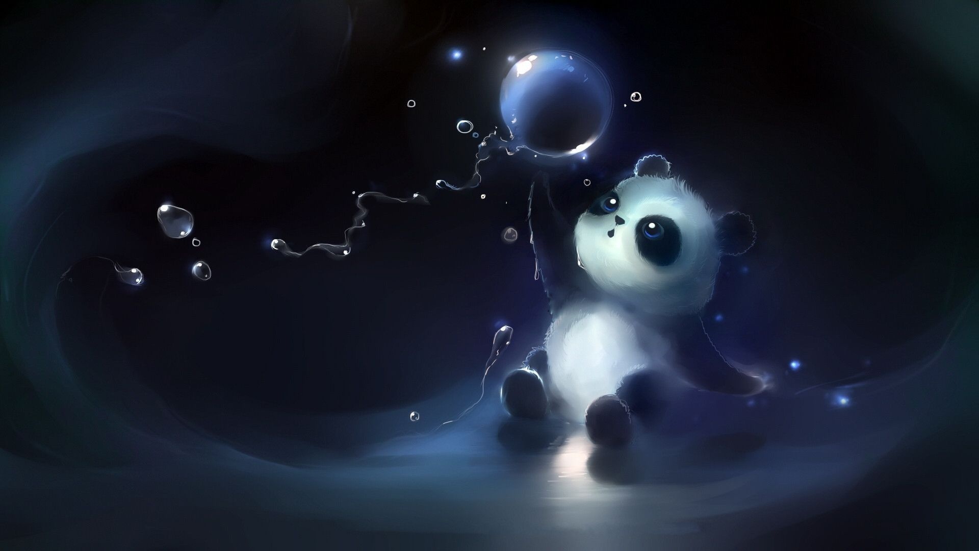 Baby panda cub illustration, Glowing floating water bubble, Dark blue ethereal lighting, Full HD Desktop wallpaper