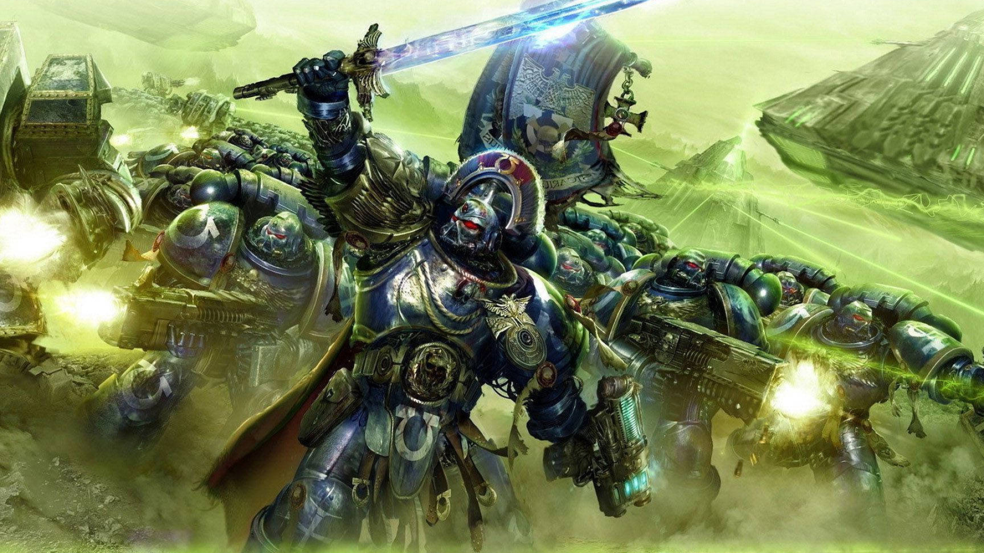 Captain Cato Sicarius, Ultramarines Chapter banner, Space Marine Dreadnought, Glowing power sword, Full HD Desktop wallpaper