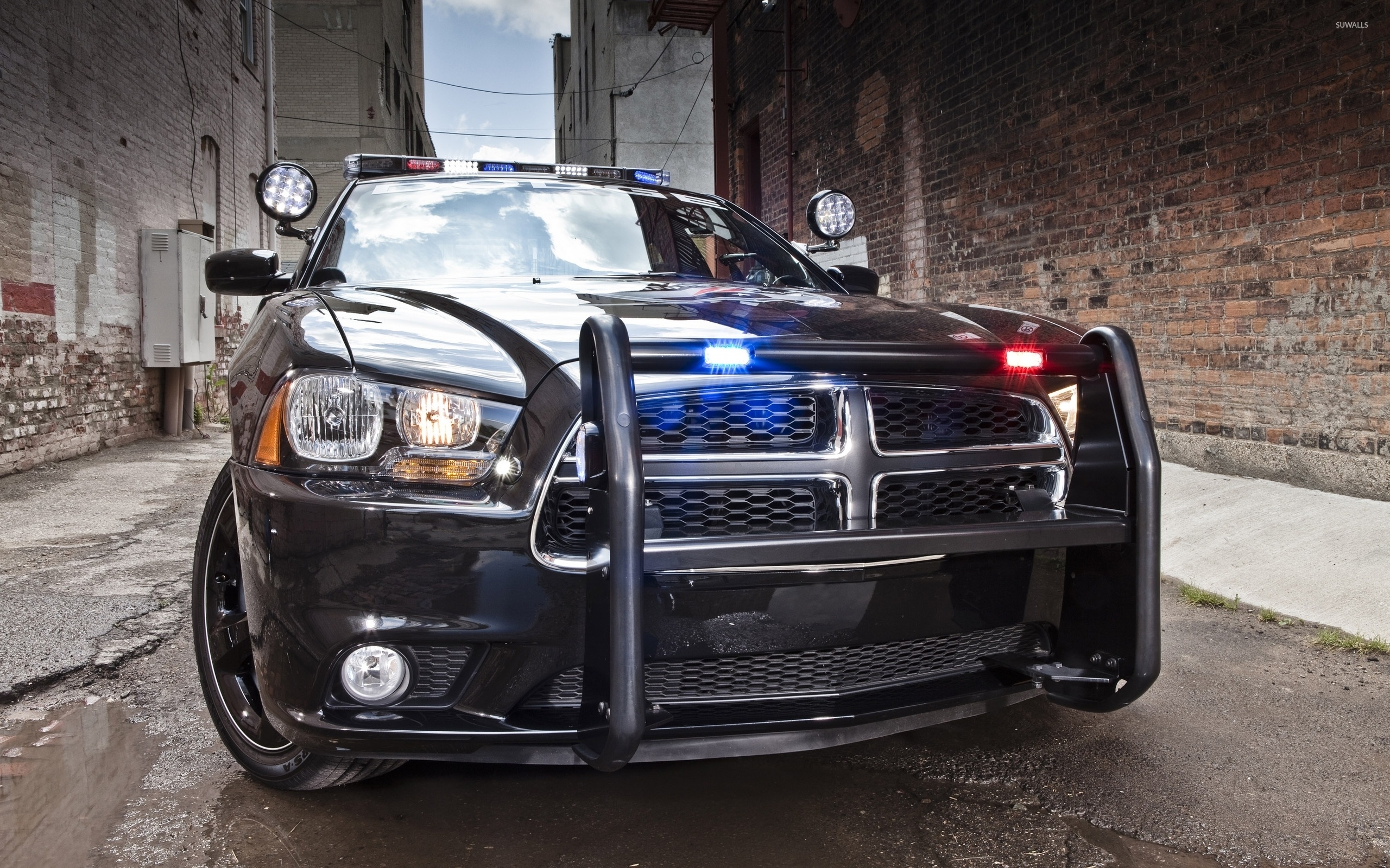 Dodge Charger Pursuit, Police push bumper, Brick urban alley, HD Desktop wallpaper