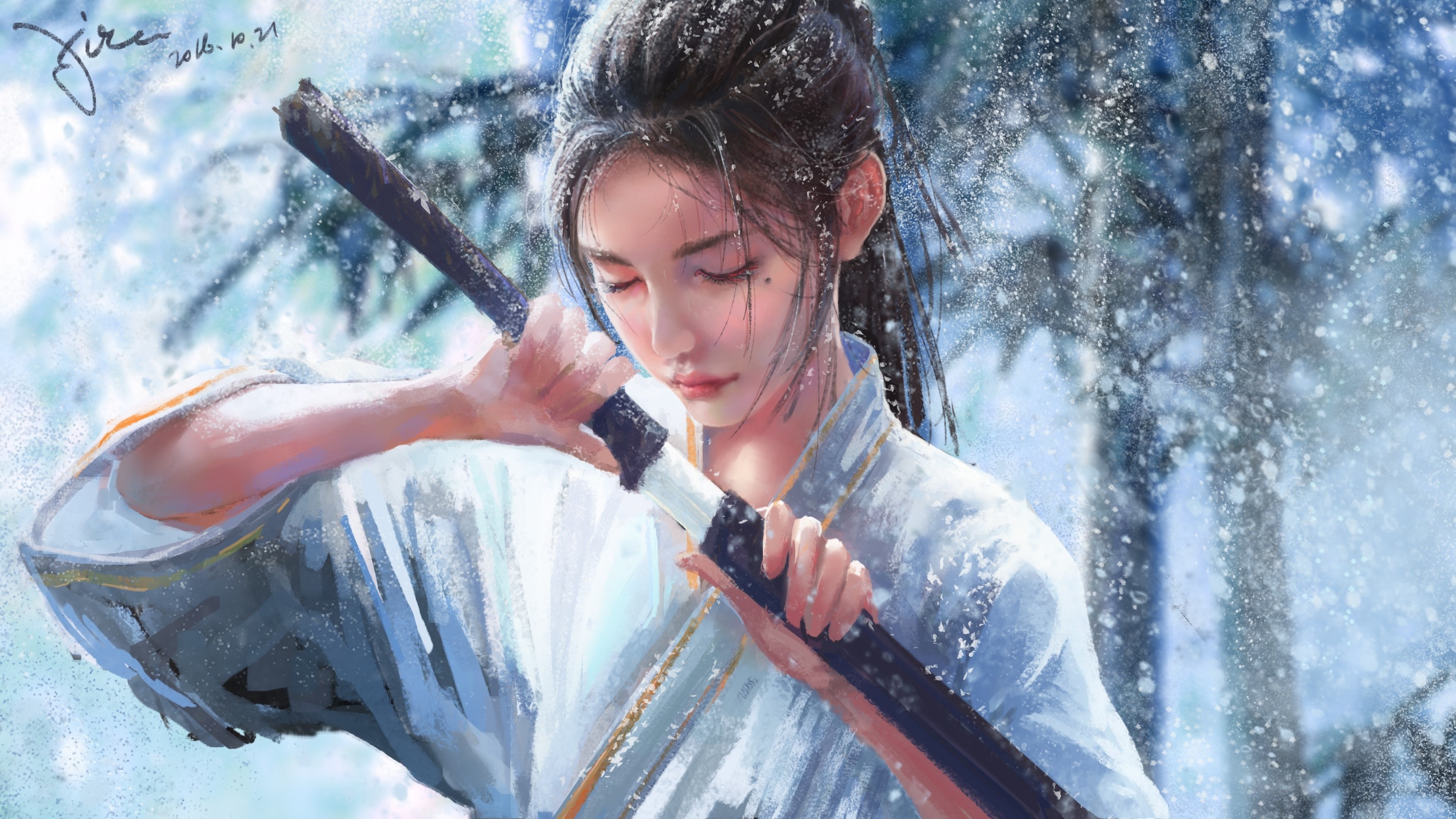 Female samurai warrior drawing sword, Sheathed katana blade, Falling snow winter forest, HD Desktop wallpaper