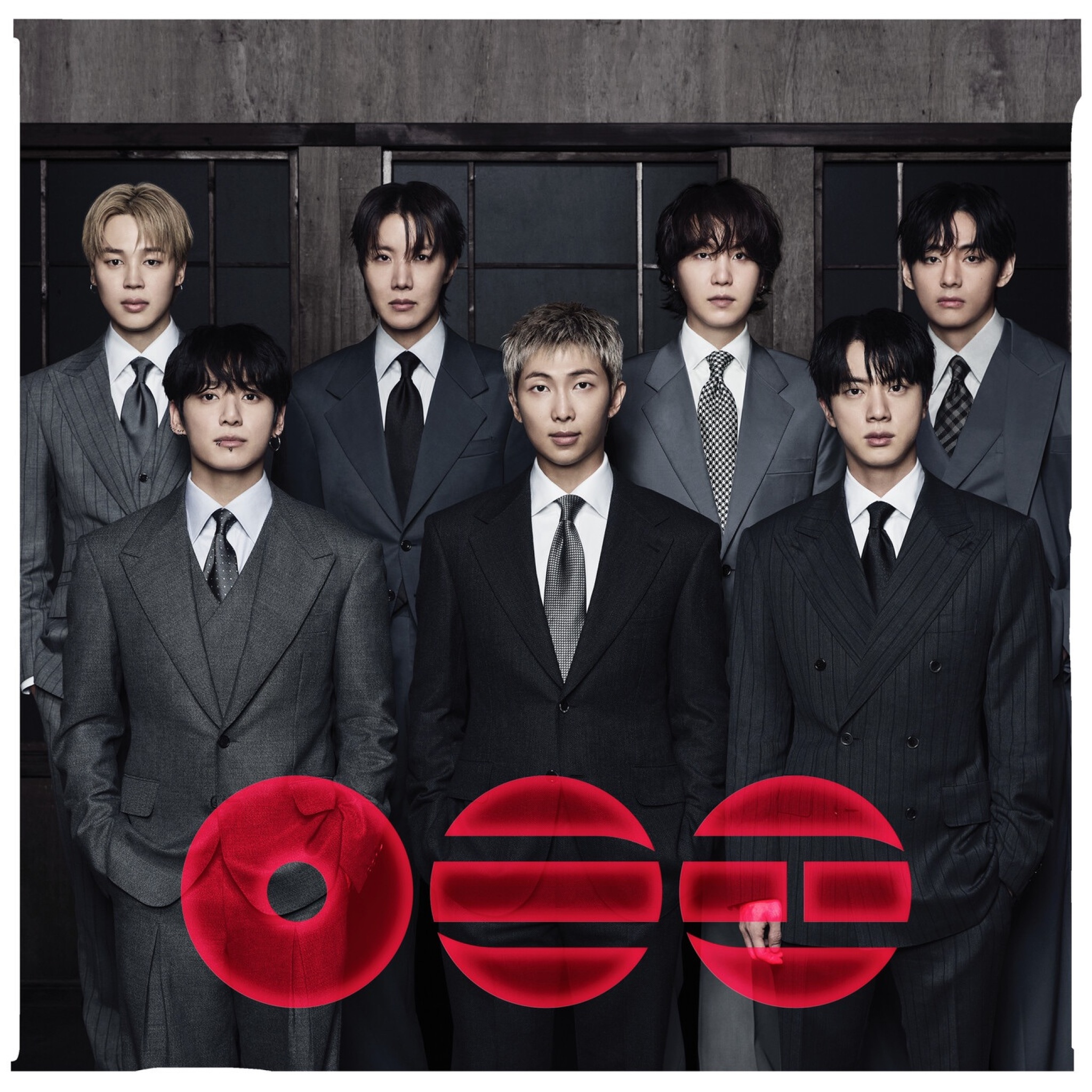 BTS group, RM, Jin, Suga, J-Hope, Jimin, V, Jungkook, ARIRANG, Album cover art, Grey pinstripe suits, Red hangul glyphs, HD Desktop wallpaper