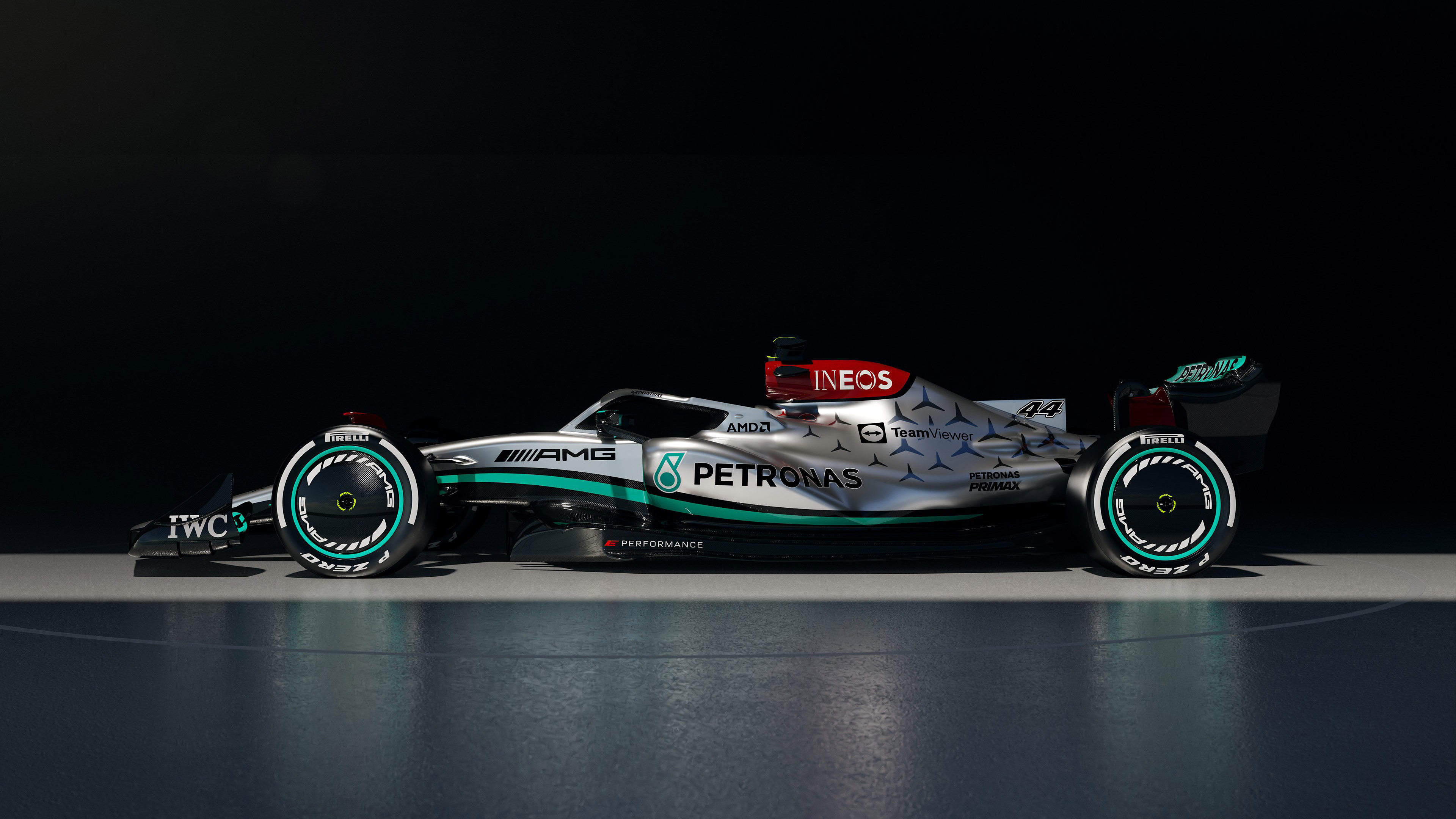 Mercedes-AMG F1 W13 E Performance, Mercedes-AMG Petronas F1 Team, Dark studio showcase floor, 4K Desktop wallpaper