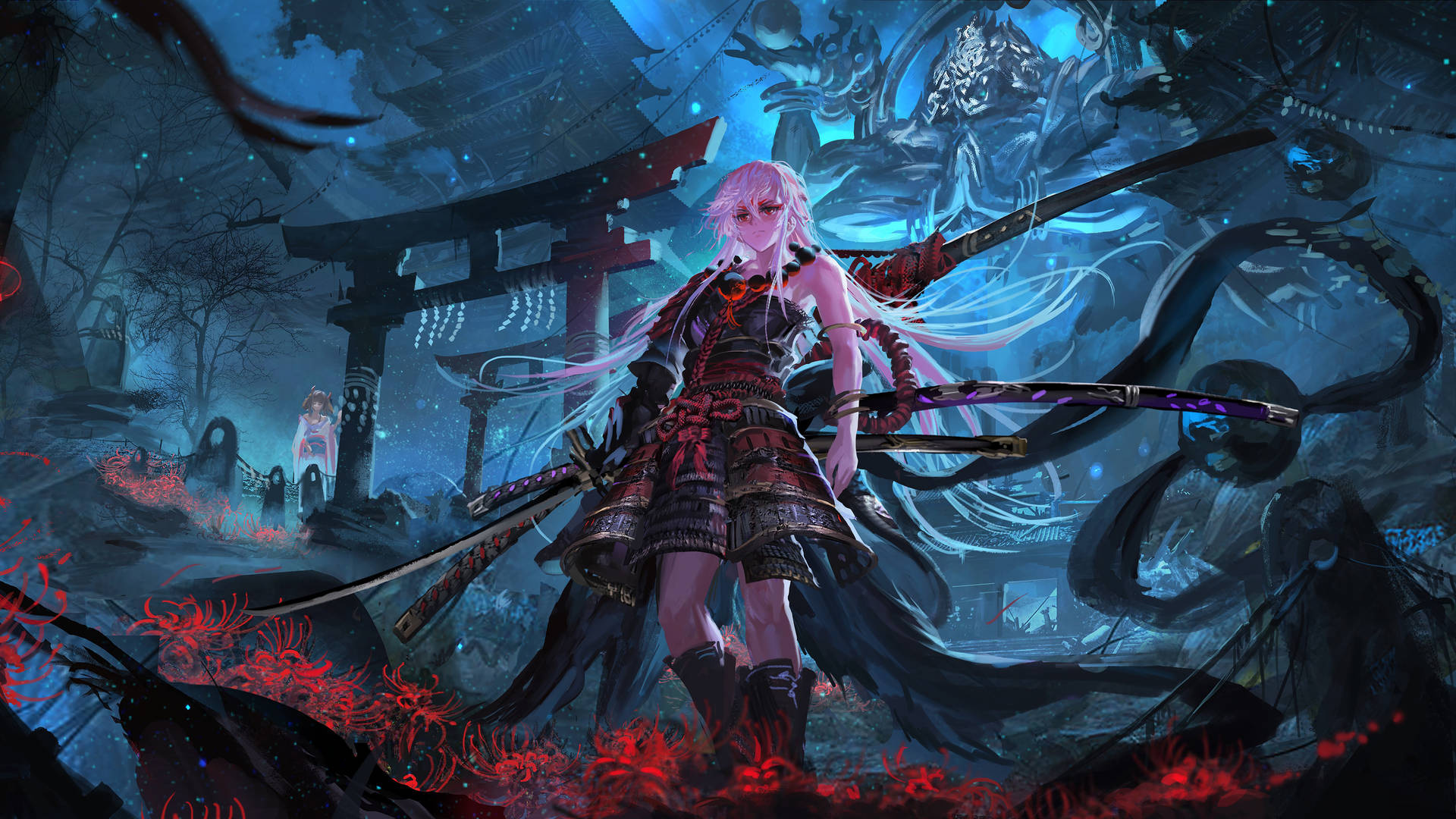 Pink-haired female samurai, Red spider lily flowers, Traditional Japanese Torii gate, Full HD Desktop wallpaper