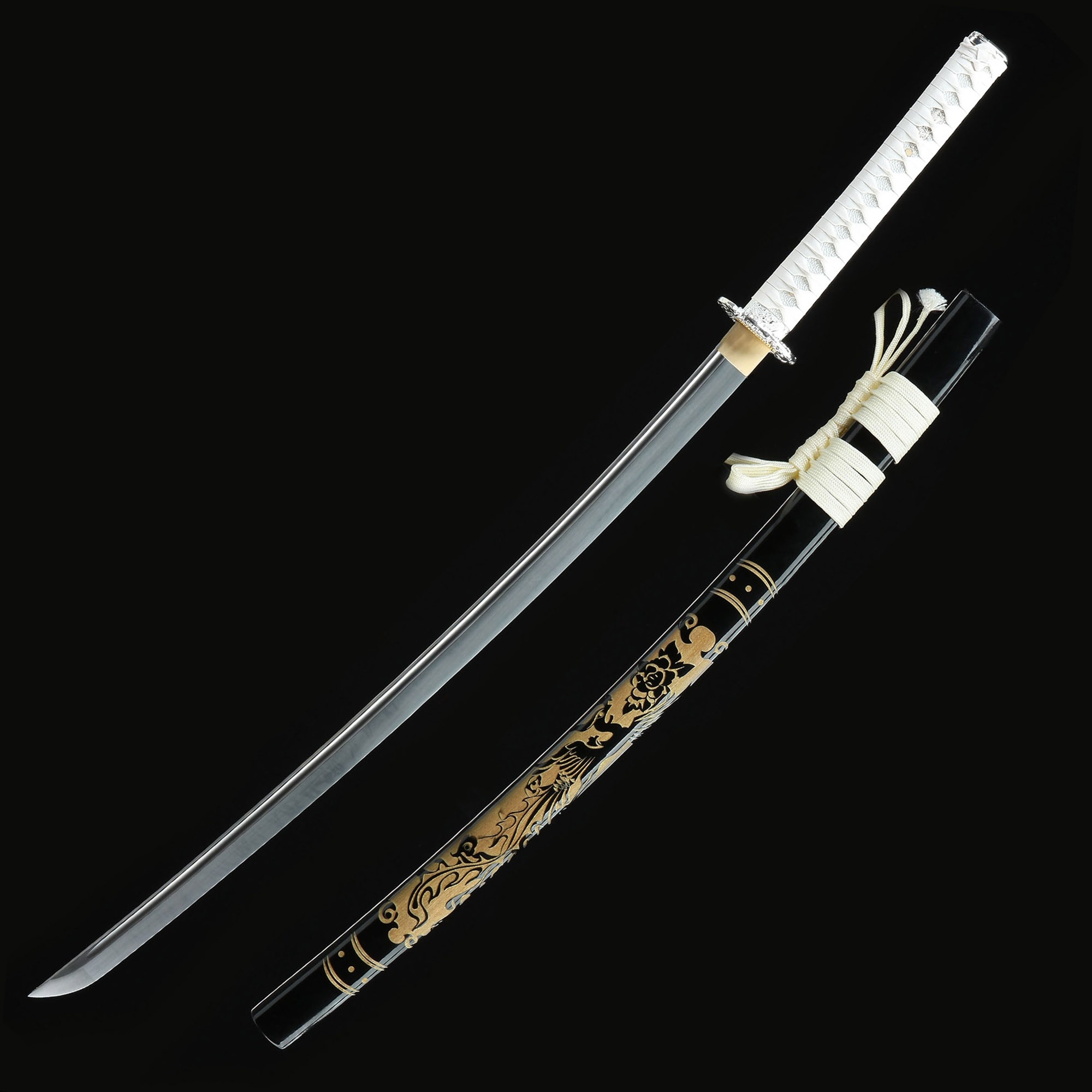White tsuka katana, Gold dragon lacquer saya, Polished steel blade, HD Phone wallpaper