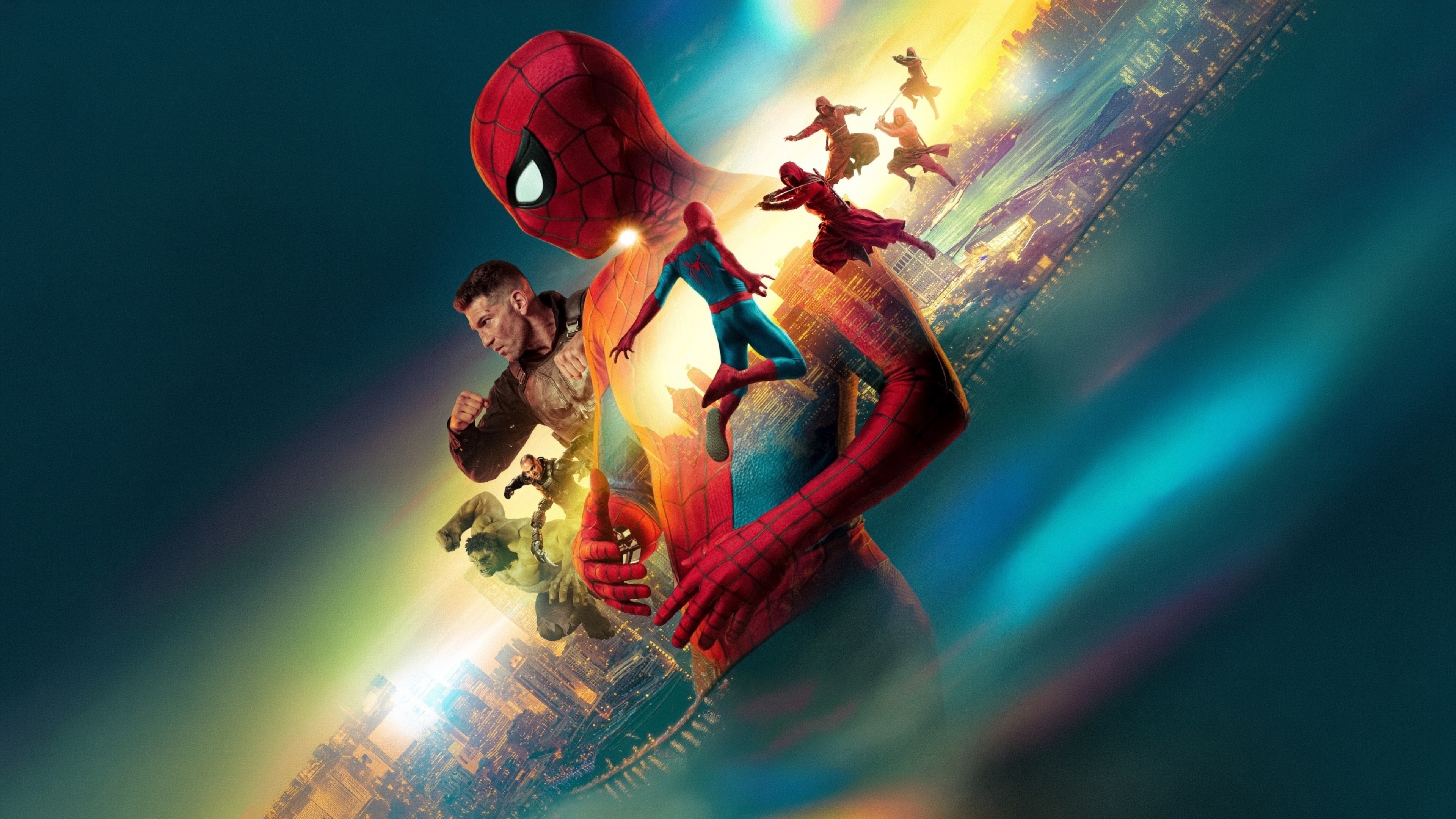 Brand New Day, The Punisher, The Hand, Hulk, Spider-Man, Central masked profile, Diagonal glowing cityscape, 4K Desktop wallpaper