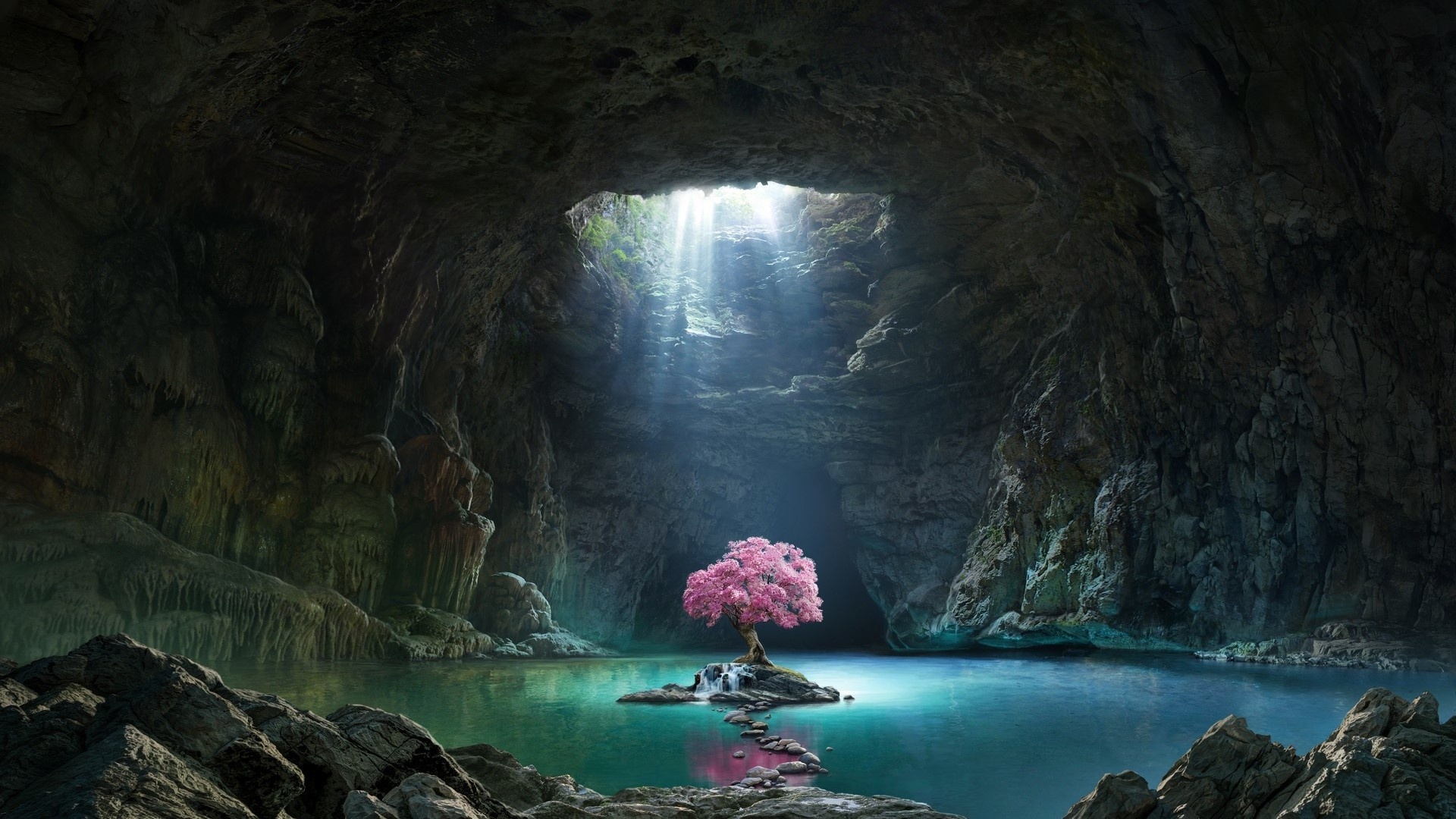 Pink cherry blossom tree, Underground cenote cave, Sunbeams through cave skylight, Full HD Desktop wallpaper