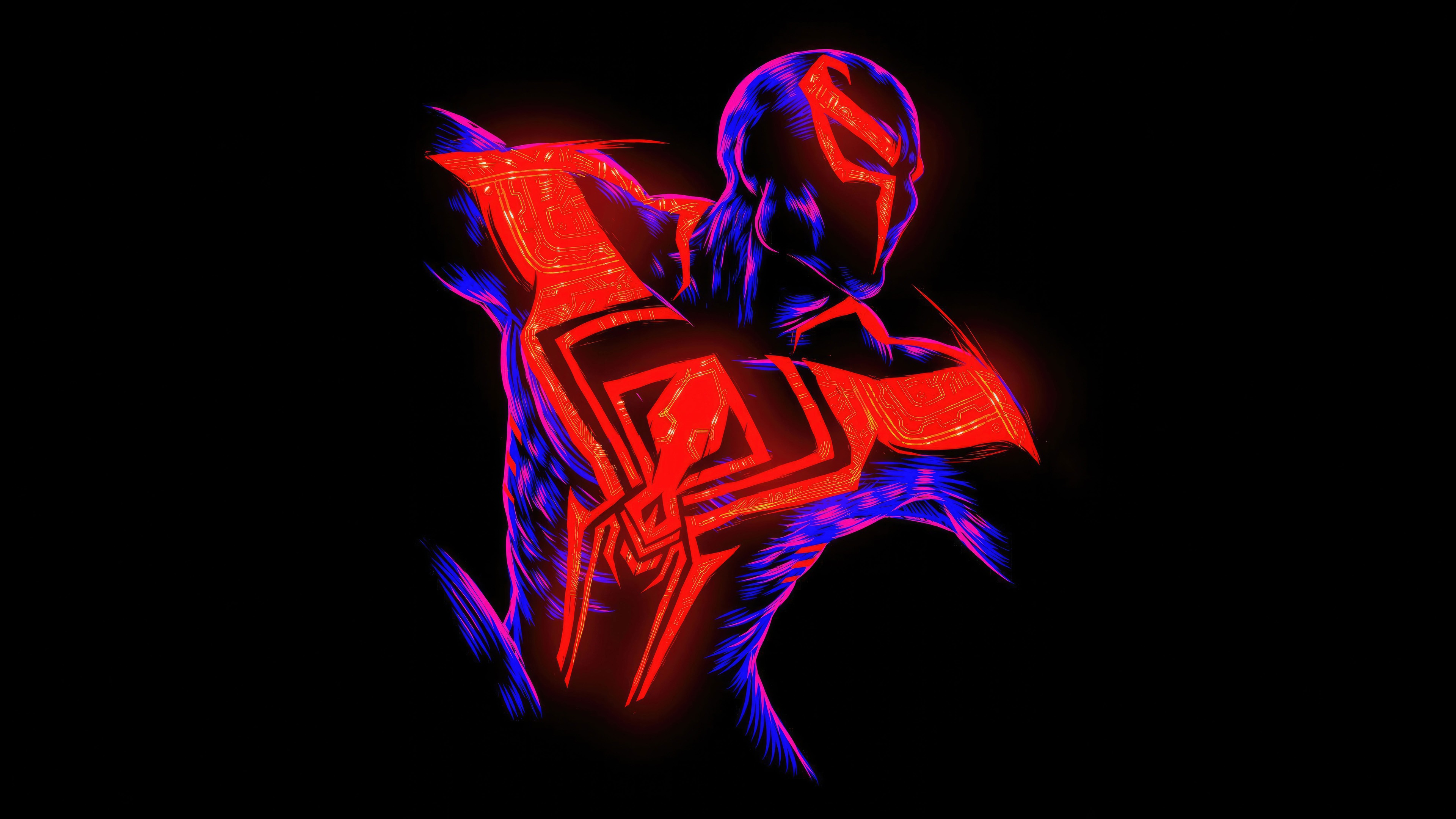 Spider-Man 2099 (Miguel O'Hara), Neon blue highlights, Solid black background, Glowing red emblem, 4K Desktop wallpaper