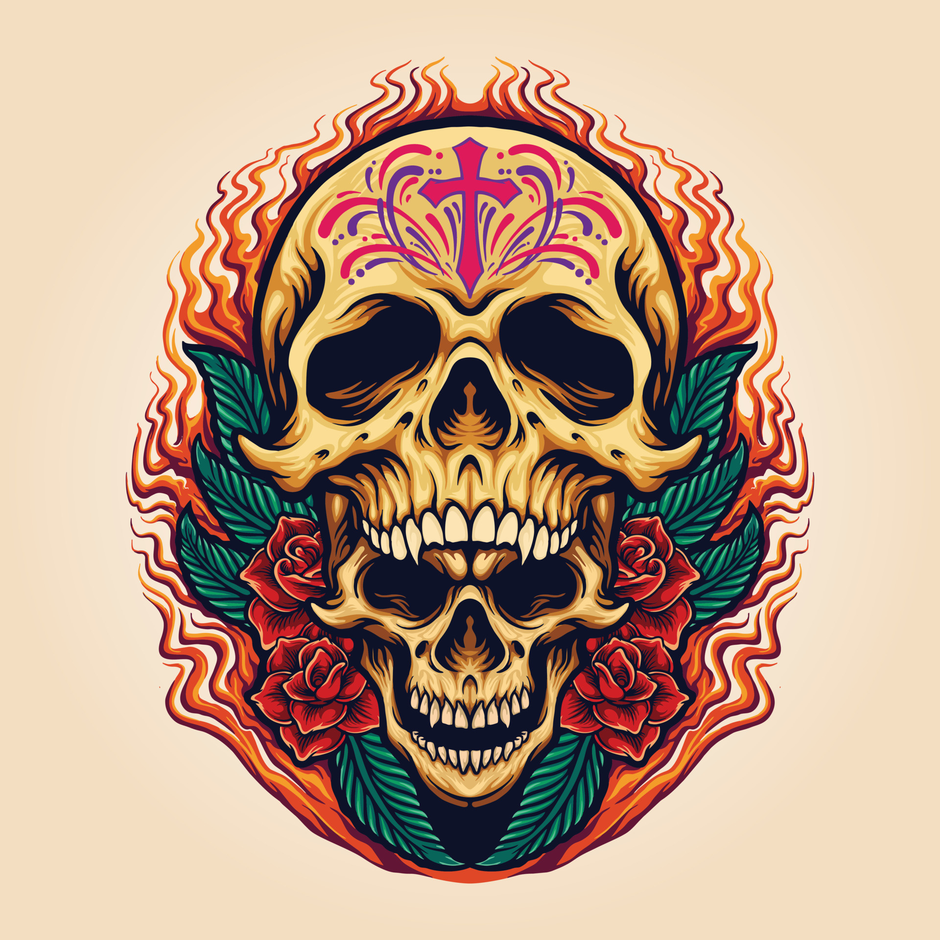 Cross filigree forehead marking, Stacked double fanged skull, Flame halo red roses, HD Phone wallpaper