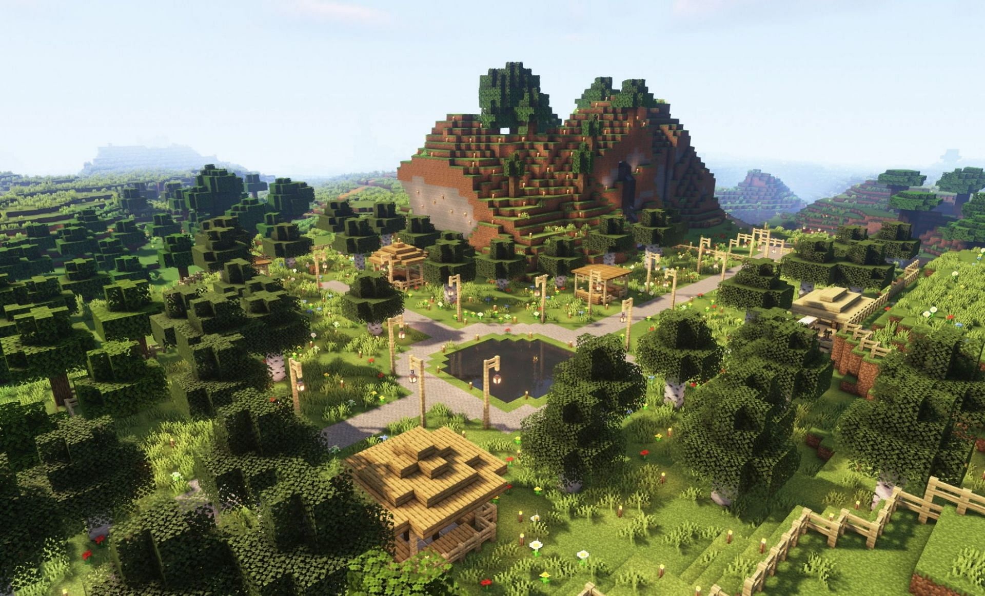 Minecraft landscaped park, Minecraft wooden gazebos, Minecraft mountain build, HD Desktop wallpaper